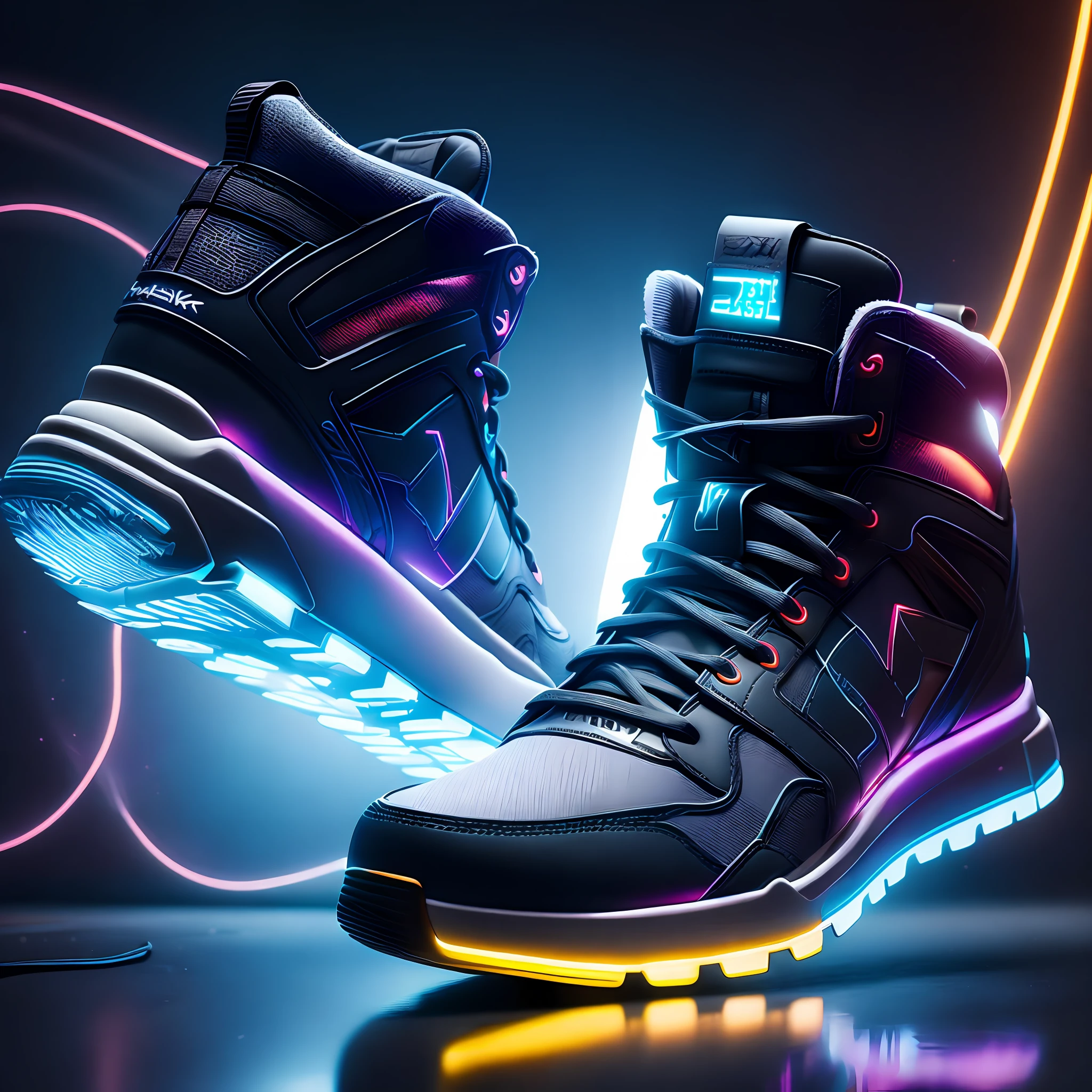 Product Photography of Cyberpunk Sneakers, Epic Rendering, Octane, Atmosphere, Particles, Soft Volumetric Light, (Backlight: 1.3), (Film: 1.3), Intricate Details, (ArtStation: 1.3)