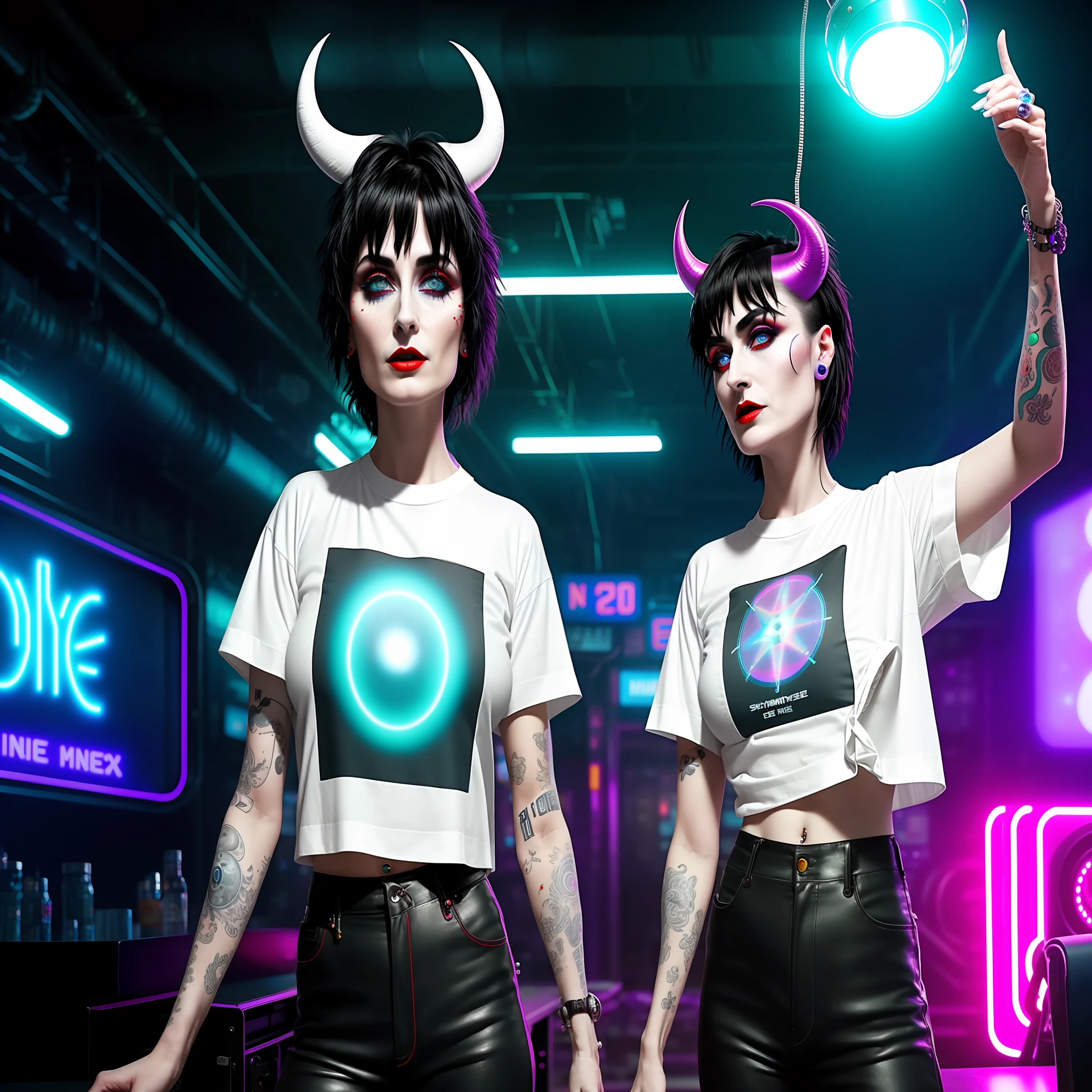 Siouxsie Sioux young, ((wearing white T-shirt, wide, with folded sleeves, no bra)) ((lighting shafts)) masterpiece, high quality raw photo, cinematic lighting, cinematic colors, extremely detailed, best quality, photorealistic, ultra realistic, radiosity, 8k hdr, daylight, ((front position)), red horns, angelic face, ((mysterious environment)), vintage furniture, club style matrix movie, (futuristic monsters)) vintage and futuristic mix,  industrial decoration, ((inspired by mystical illustrators)), dance club with tattooed people dancing, ((points of intense lights on neon billboards)), (((10k quality))), realistic hyper, professional photo, drugged people.