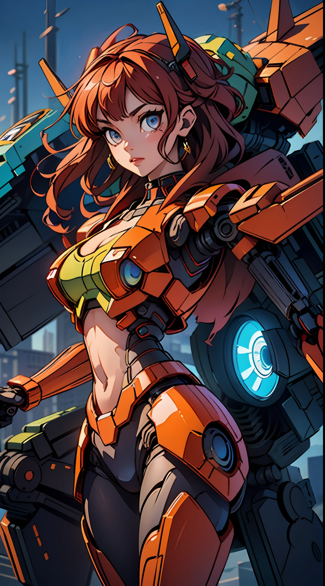 ((masterpiece, better quality)),illustration,ultra detailed 8k,photorealistic,sharp focus,highly detailed,professional lighting,colorful details,iridescent colors BREAK extremely long plan of a factory,large mechanical robot construction,microchip,computer,gloss, intricate details,shitu-mecha,1girl stands next to Mecha, Gundam, navel, cute, sexy, ultra detailed eyes, red head, beautiful eyes, glowing eyes, beautifully drawn eyes