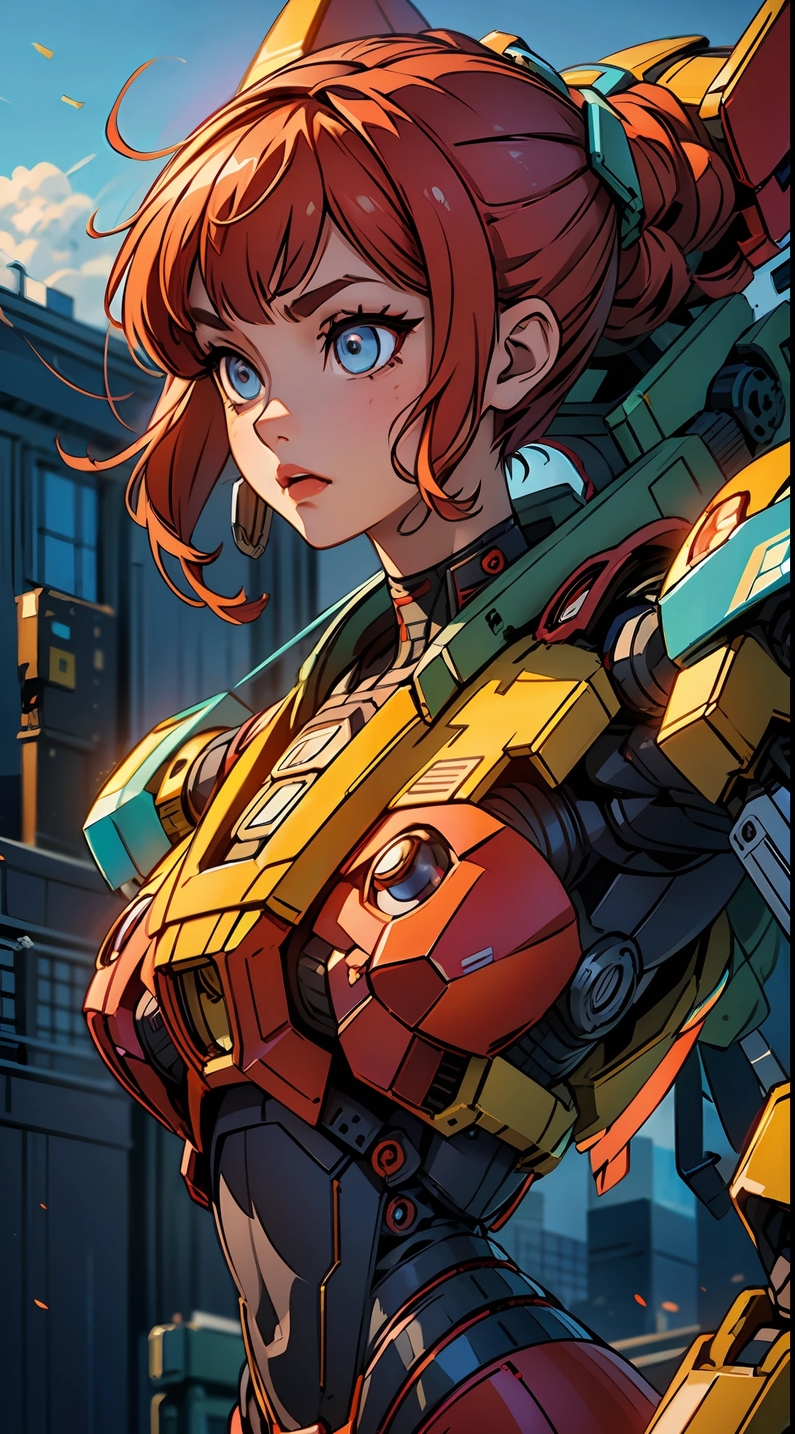 ((masterpiece, better quality)),illustration,ultra detailed 8k,photorealistic,sharp focus,highly detailed,professional lighting,colorful details,iridescent colors BREAK extremely long plan of a factory,large mechanical robot construction,microchip,computer,gloss, intricate details,shitu-mecha,1girl stands next to Mecha, Gundam, navel, cute, sexy, ultra detailed eyes, red head, beautiful eyes, glowing eyes, beautifully drawn eyes