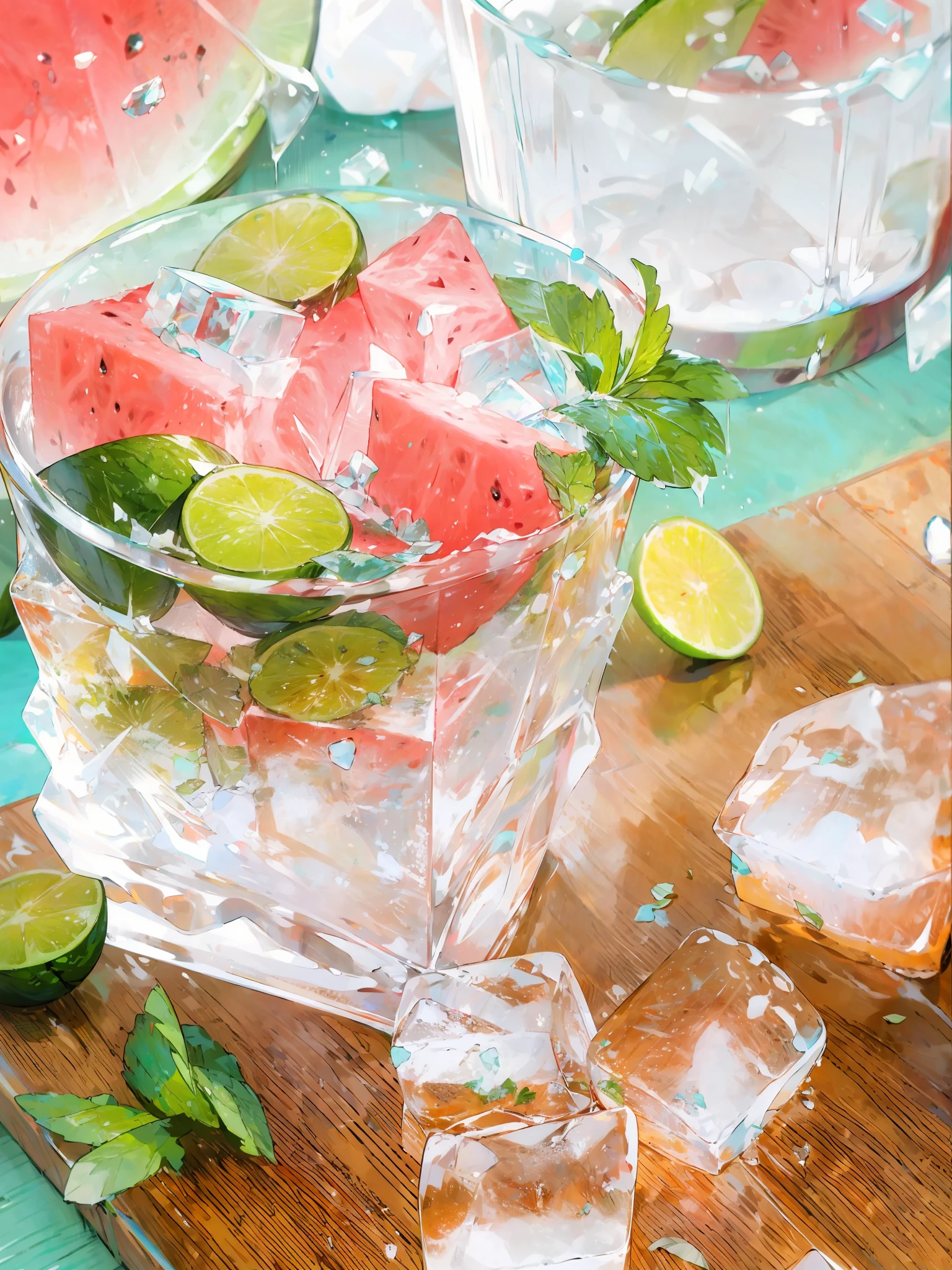 A glass of soda, frozen, frozen effect, on a wooden tray with pieces of watermelon, with mint leaves, cut small turquoise greens, with ice cubes, a few scattered ice cubes on a wooden board, super realistic Food pictures, full theme shown in photos,, Randy Post, hyper realistic ", hyper realistic", high res photo
