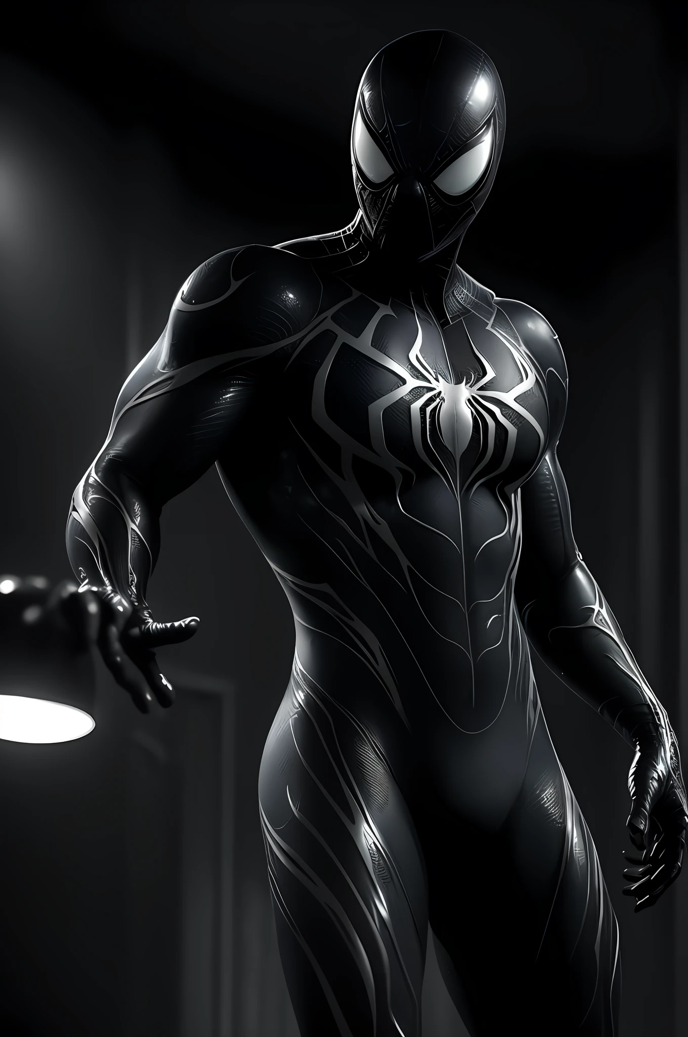 8k, RAW photo, best quality, masterpiece: 1.2), ultra detailed, official art, photo-realistic: 1.37, PS5 cinematic screenshot, highly detailed and detailed cinematic rendering, ultra photorealistic raytricing, with cinematic lighting, Black and White Spider-Man, Venom Symbiote Suit, Glittery Goo Organic Suit