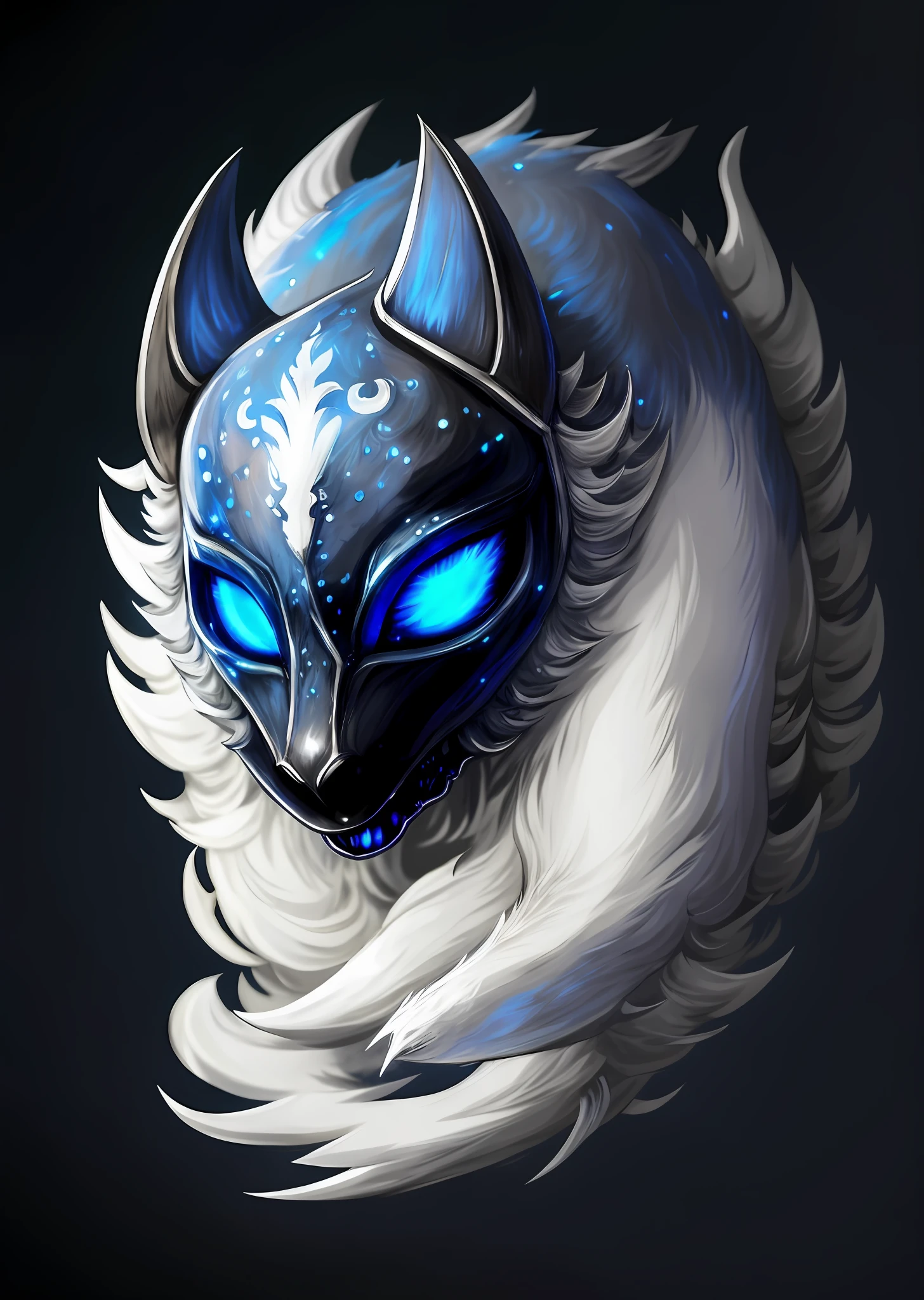 a close up of a cat with blue eyes on a black background, very very beautiful furry art, white glowing eyes, portrait of hollow knight, husky in shiny armor, art of silverfox, metal and glowing eyes, the knight from hollow knight, anthro art, painted in the style arcane, cool shading, epic fantasy art style, celshaded art