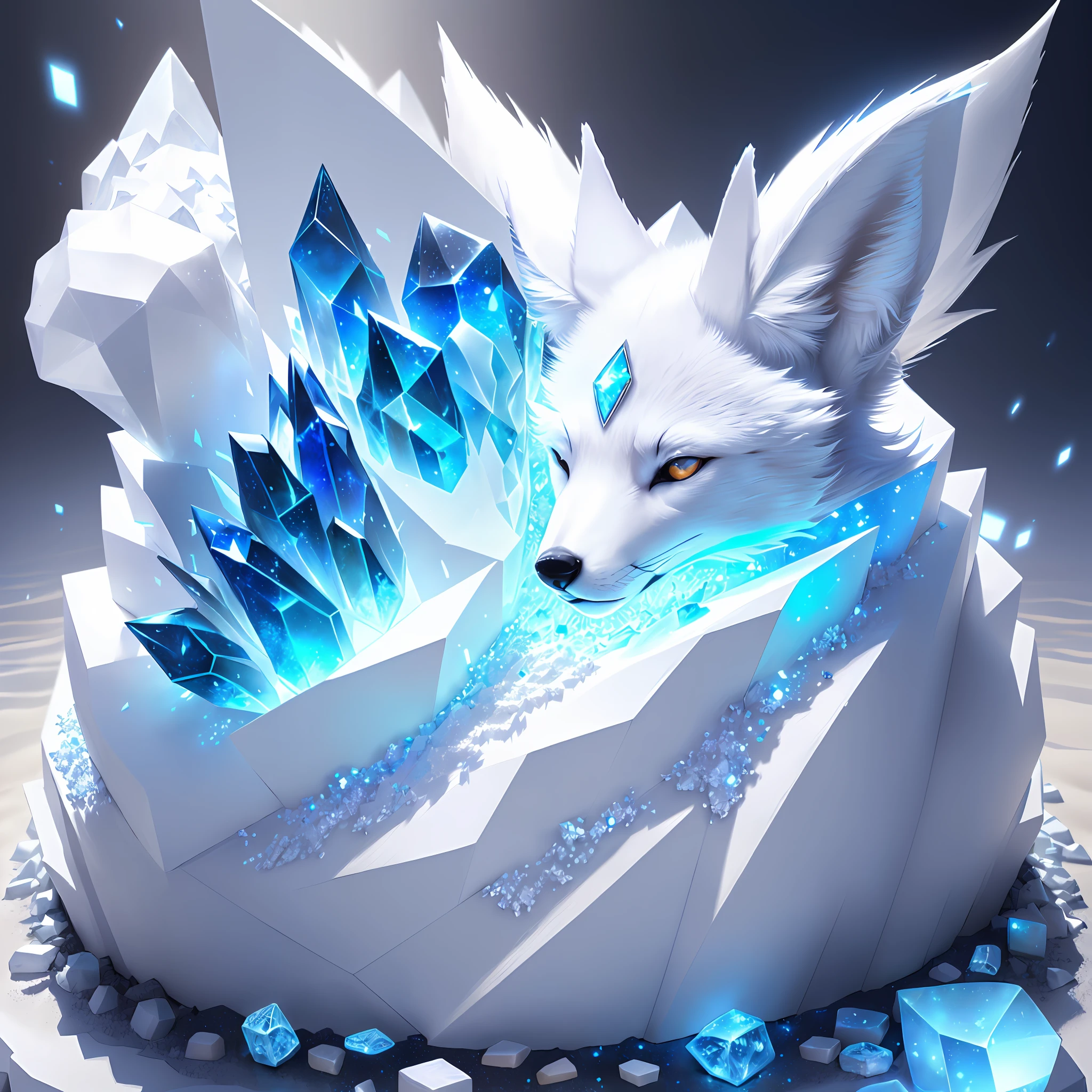A white fox made of crystals and stones lies on a muroveynik surrounded by sand and sparks, all in white and blue colors. Realistic style, cute style. Detail the picture.