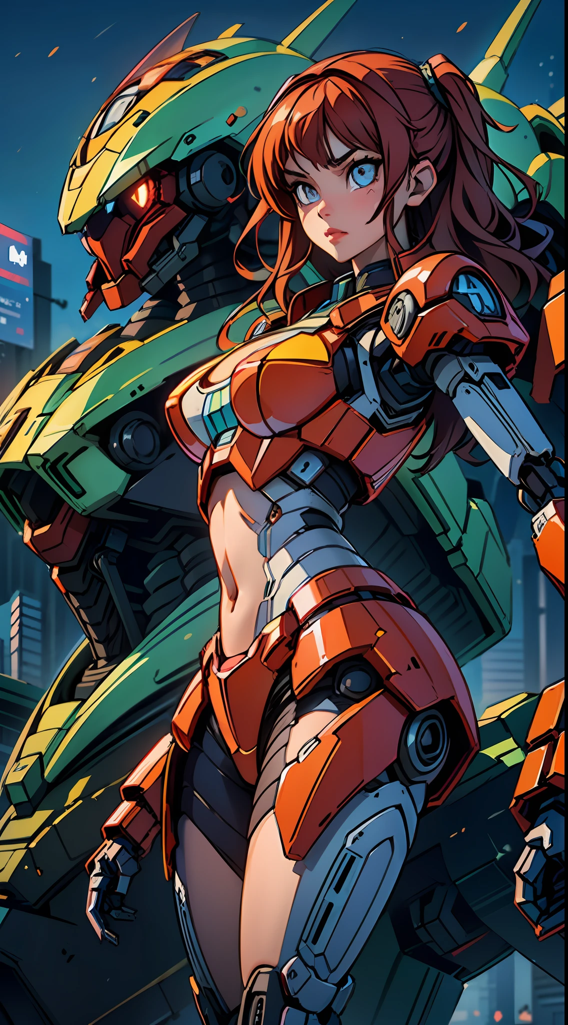 ((masterpiece, better quality)),illustration,ultra detailed 8k,photorealistic,sharp focus,highly detailed,professional lighting,colorful details,iridescent colors BREAK extremely long plan of a factory,large mechanical robot construction,microchip,computer,gloss, intricate details,shitu-mecha,1girl stands next to Mecha, Gundam, navel, cute, sexy, ultra detailed eyes, red head, beautiful eyes, glowing eyes,  beautifully drawn eyes, neon light, night, moody