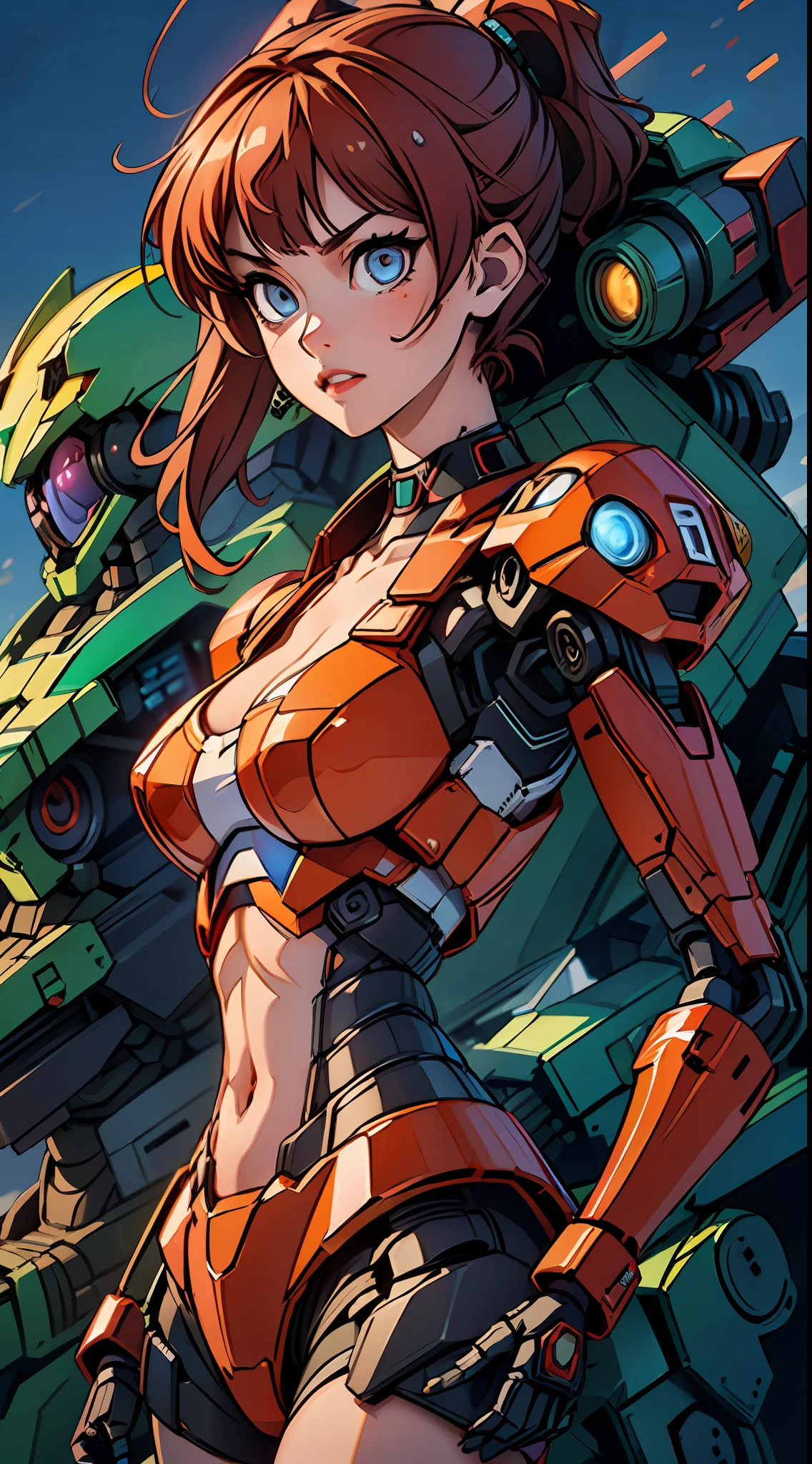 ((masterpiece, better quality)),illustration,ultra detailed 8k,photorealistic,sharp focus,highly detailed,professional lighting,colorful details,iridescent colors BREAK extremely long plan of a factory,large mechanical robot construction,microchip,computer,gloss, intricate details,shitu-mecha,1girl stands next to Mecha, Gundam, navel, cute, sexy, ultra detailed eyes, red head, beautiful eyes, glowing eyes, beautifully drawn eyes, neon light, night, moody