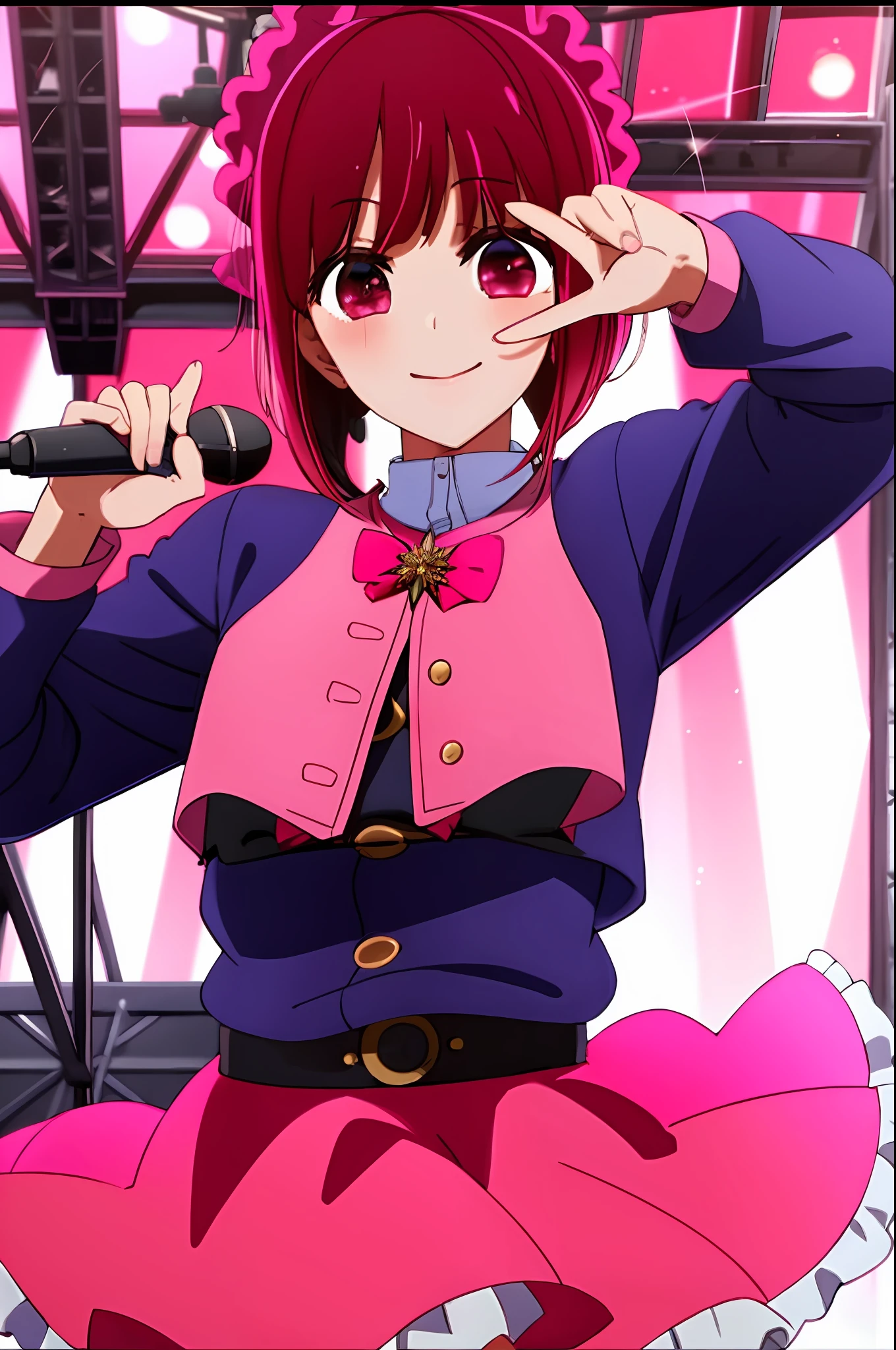 masterpiece, best quality, arima_kana, pink cropped jacket, pink skirt,  looking at viewer, smile, solo, upper body, stage, music, singing, holding microphone, spotlight