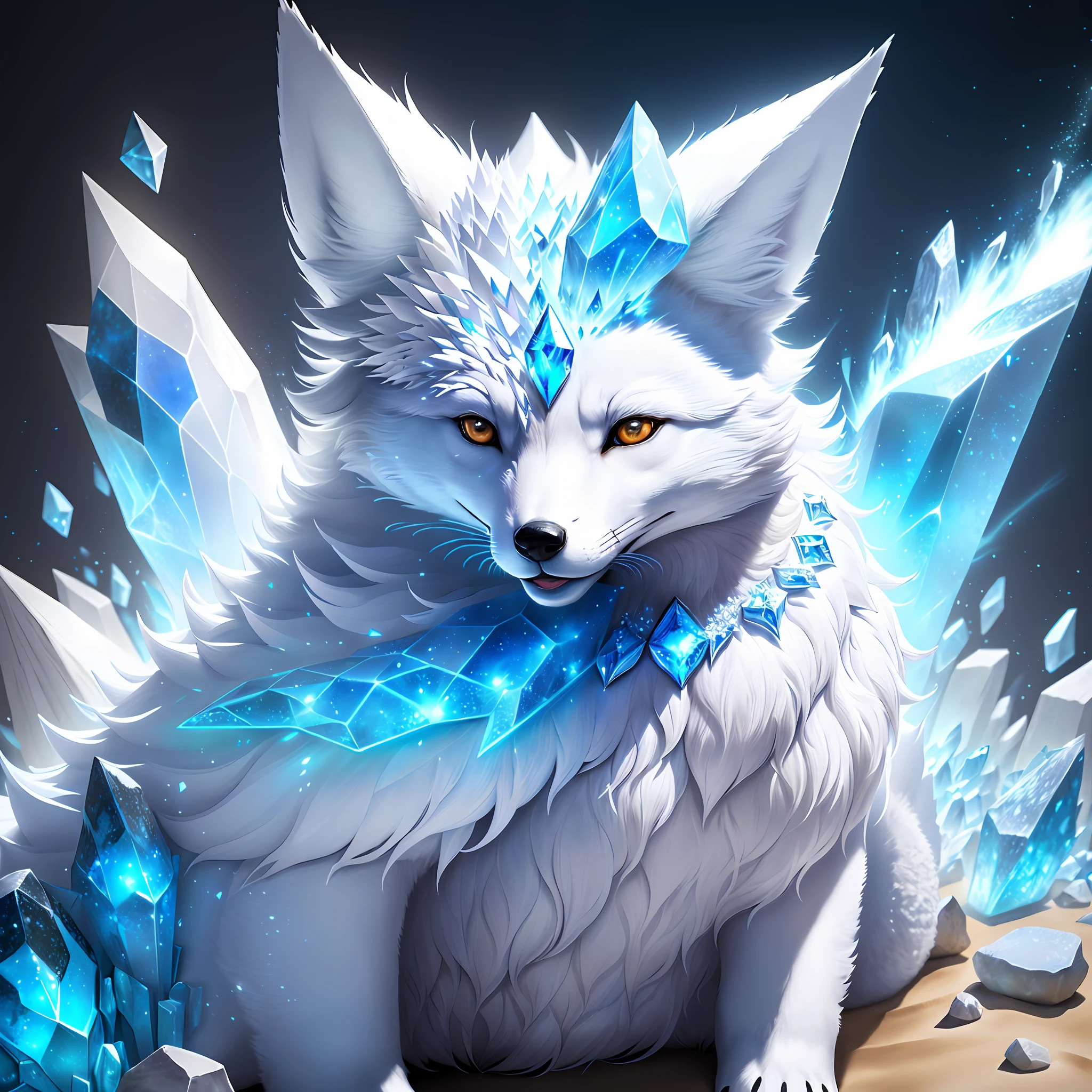 A white fox made of crystals and stones lies on a muroveynik surrounded by sand and sparks, all in white and blue colors. Realistic style, cute style. Detail the picture.