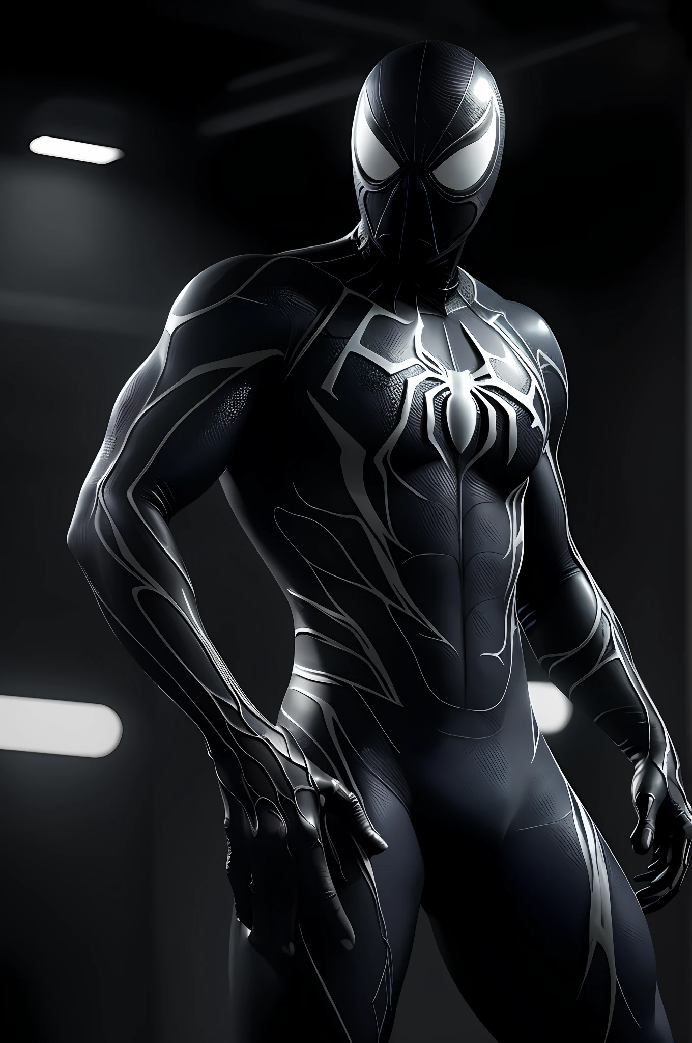 8k, RAW photo, best quality, masterpiece: 1.2), ultra detailed, official art, photo-realistic: 1.37, PS5 cinematic screenshot, highly detailed and detailed cinematic rendering, ultra photorealistic raytricing, with cinematic lighting, Black and White Spider-Man, Venom Symbiote Suit, Glittery Goo Organic Suit