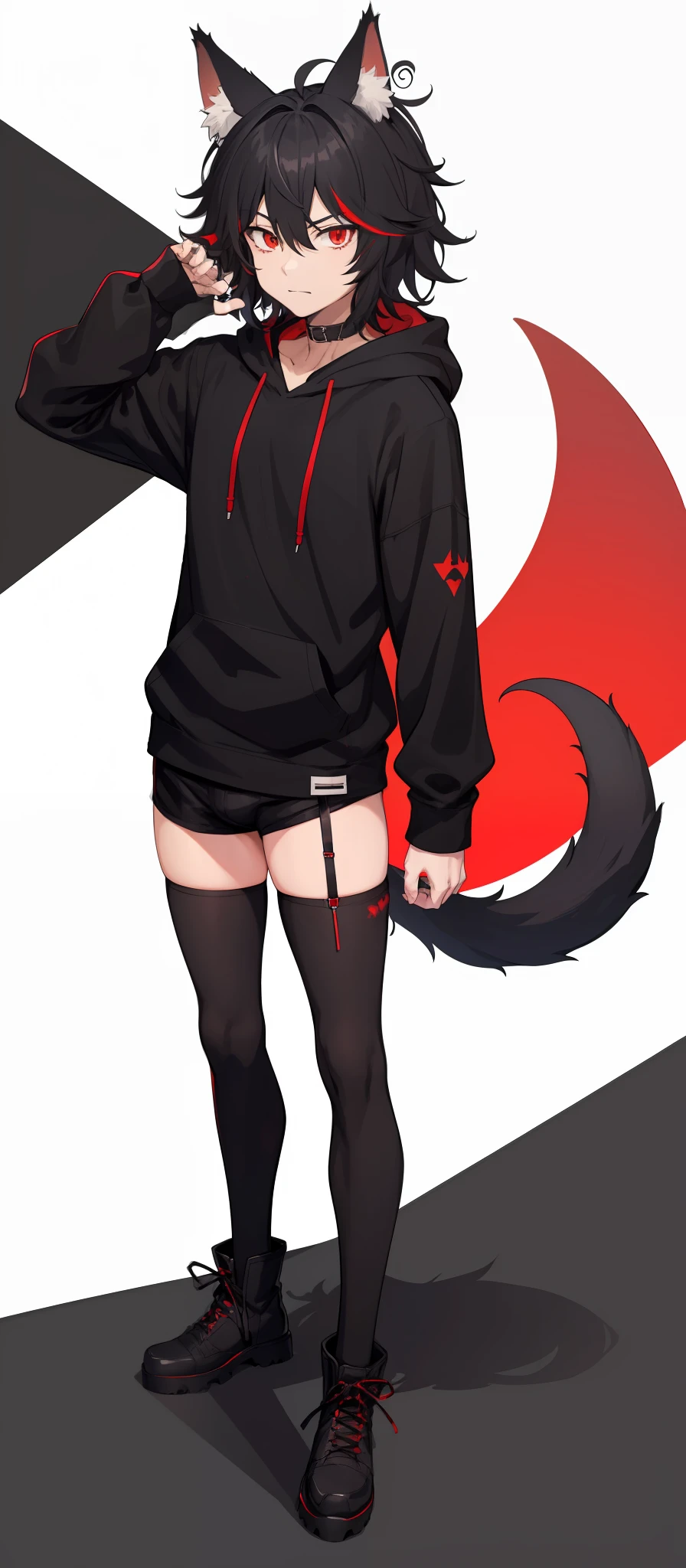 cat-boy, toned, sharp big wolf ears, wolf tail, big black messy hair, wide extremely vibrant red eyes, HD, masterpiece, vibrant, slim dark black hoodie, full body view, neutral face, black thigh socks,  combat boots.