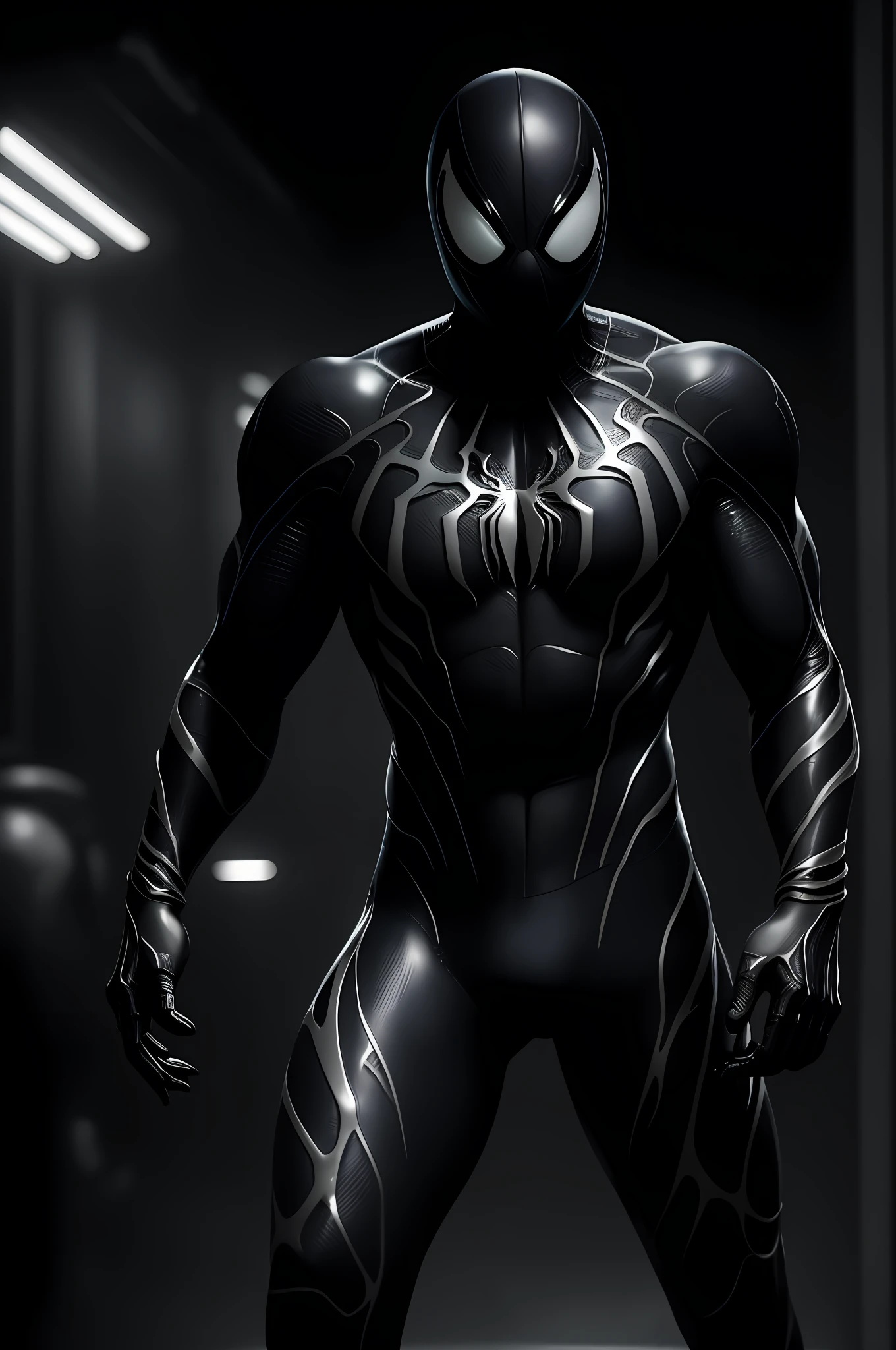 8k, RAW photo, best quality, masterpiece: 1.2), ultra detailed, official art, photo-realistic: 1.37, PS5 cinematic screenshot, highly detailed and detailed cinematic rendering, ultra photorealistic raytricing, with cinematic lighting, Black and White Spider-Man, Venom Symbiote Suit, Glittery Goo Organic Suit