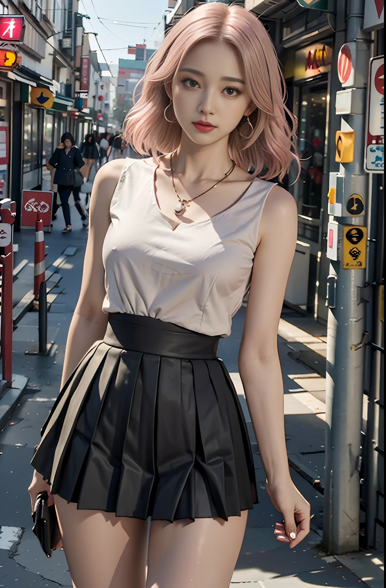 Masterpiece, 1 girl, waist up, faint smile, shiny skin, best quality, masterpiece, (realistic: 1.4), school uniform, pleated skirt, black stockings, background blur, (large aperture: 1.2), pink hair, necklace, earrings, japanese street, night