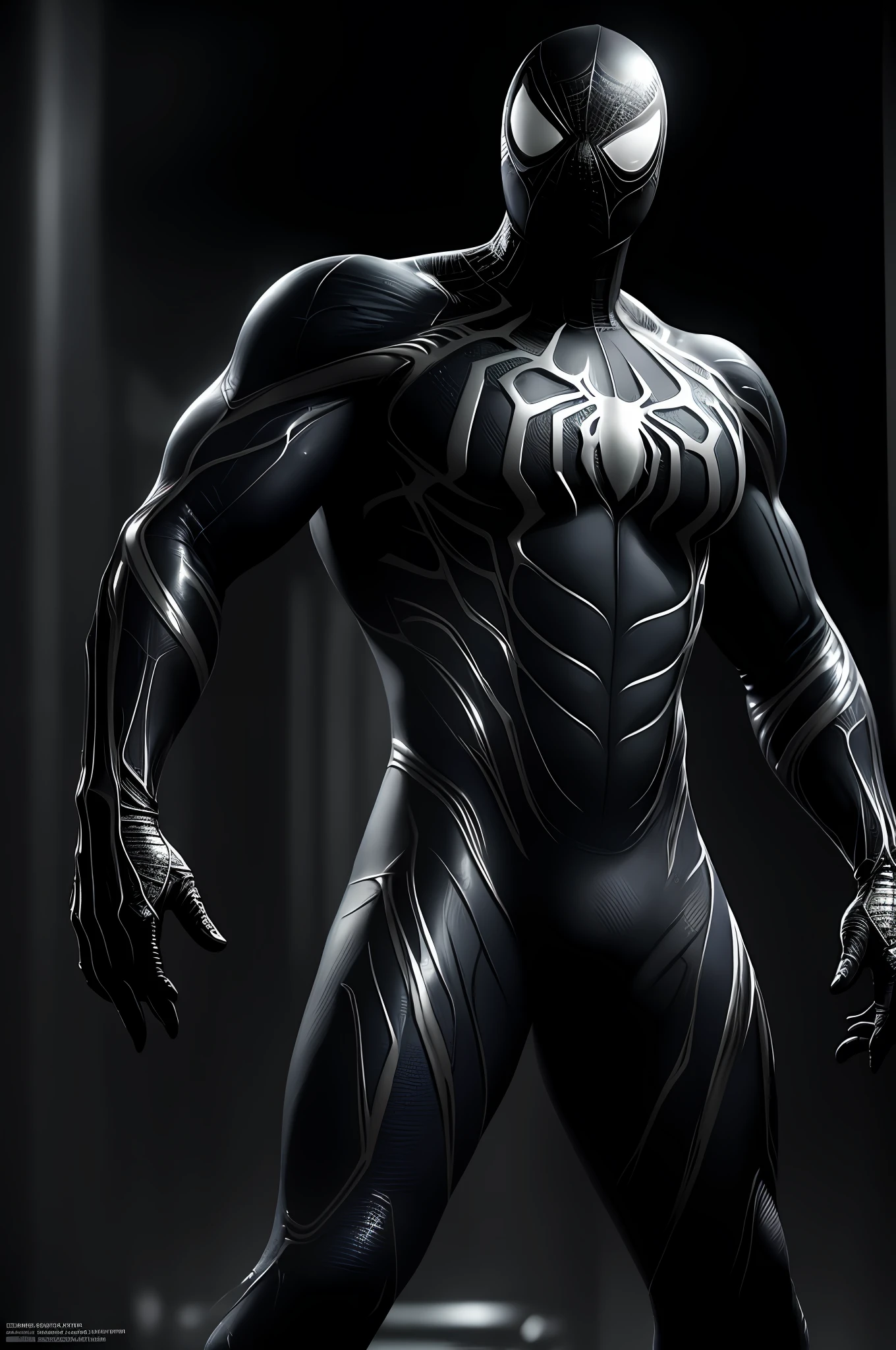 8k, RAW photo, best quality, masterpiece: 1.2), ultra detailed, official art, photo-realistic: 1.37, PS5 cinematic screenshot, highly detailed and detailed cinematic rendering, ultra photorealistic raytricing, with cinematic lighting, Black and White Spider-Man, Venom Symbiote Suit, Glittery Goo Organic Suit