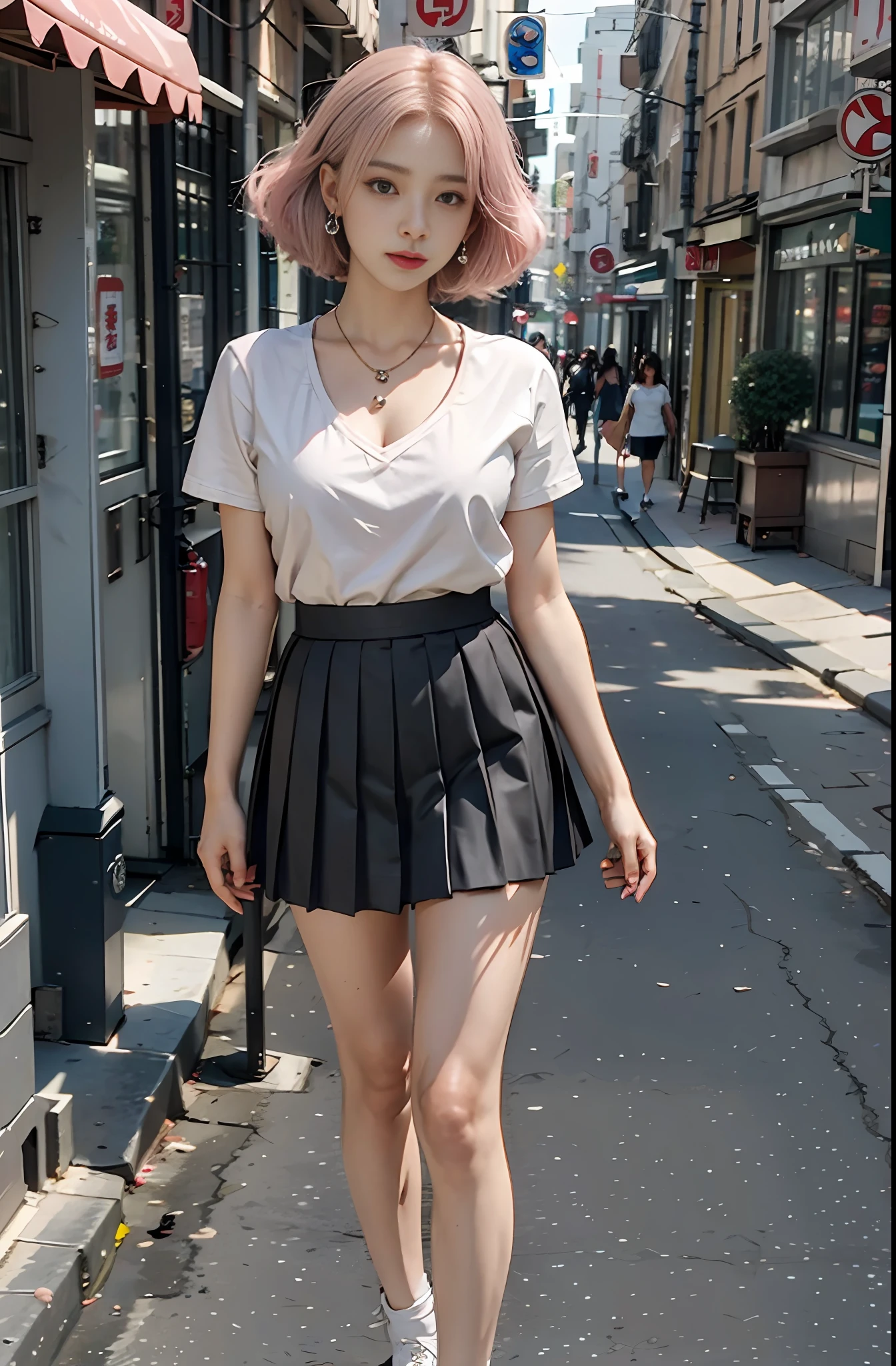 Masterpiece, 1 girl, waist up, faint smile, shiny skin, best quality, masterpiece, (realistic: 1.4), school uniform, pleated skirt, black stockings, background blur, (large aperture: 1.2), pink hair, necklace, earrings, japanese street, night