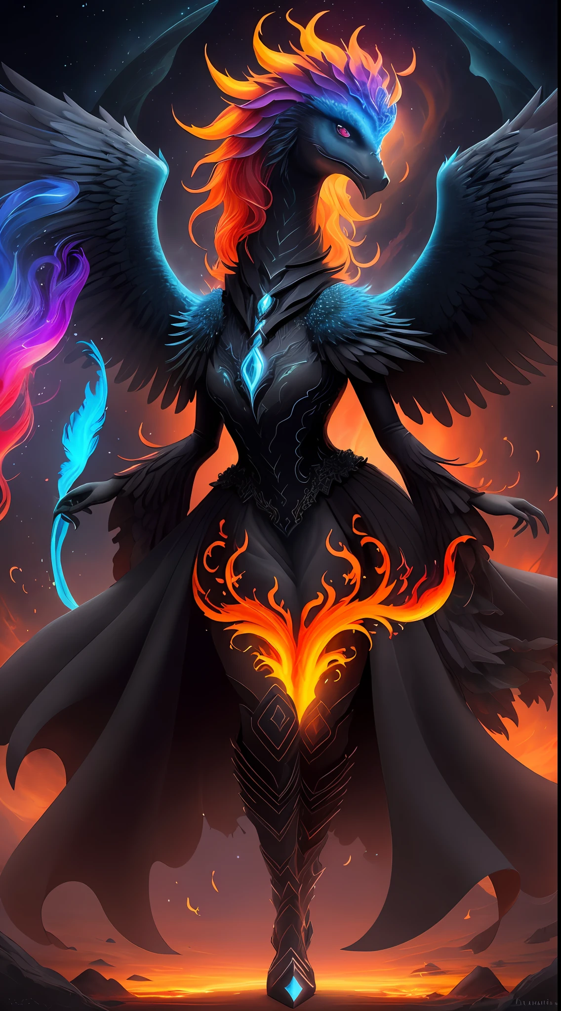 Hello, IA! Please create a Dark creature, Aurora, the Flaming Phoenix
. Explore your creativity to portray this mystical and imaginary creature. Play with vibrant colors, unique shapes and intriguing textures to make the image unique and engaging. I'm excited to see your artistic interpretation of the Dark creature, From Dawn to the Flaming Phoenix