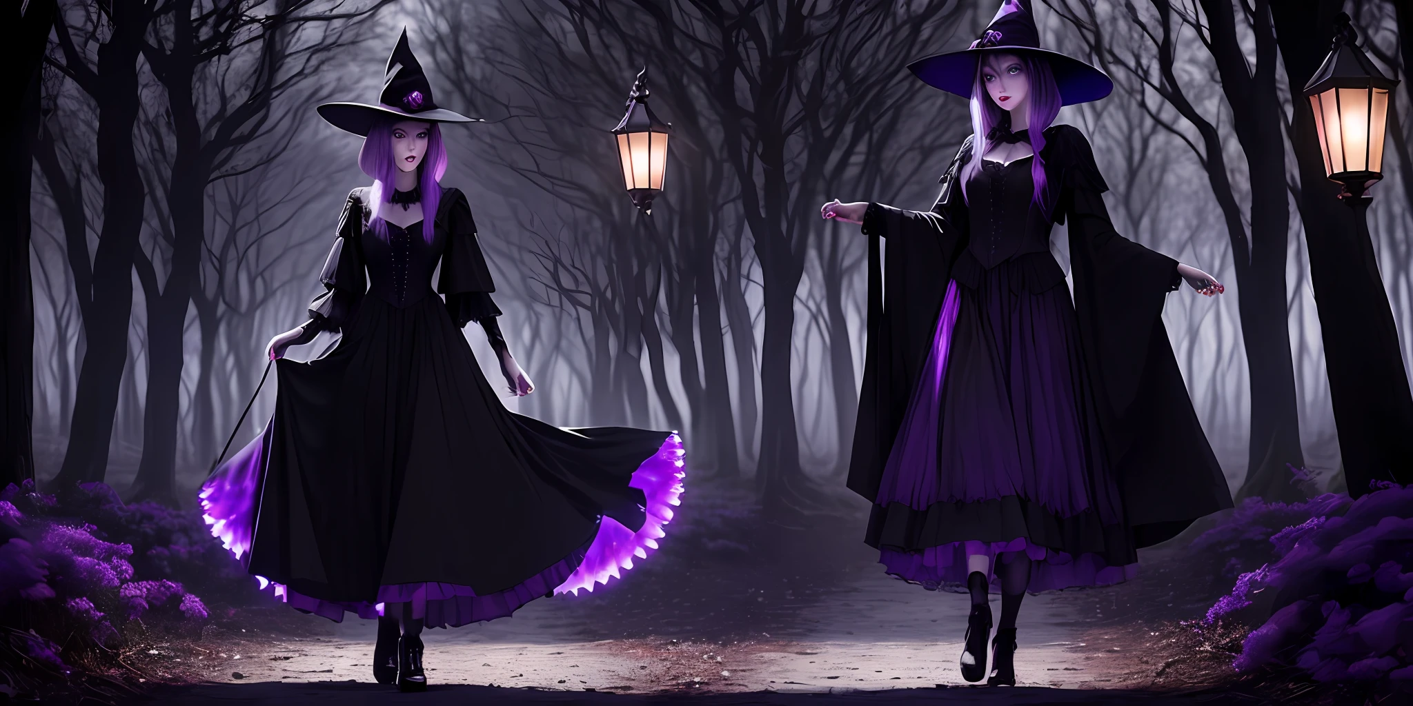 ((delicate, impressive)), quality of art, morbid, dark, scary, black forest, only lantern lights illuminating the woods, witch with lilac hair and black hat, evil and dark expression, black robes, long nails painted purple.
