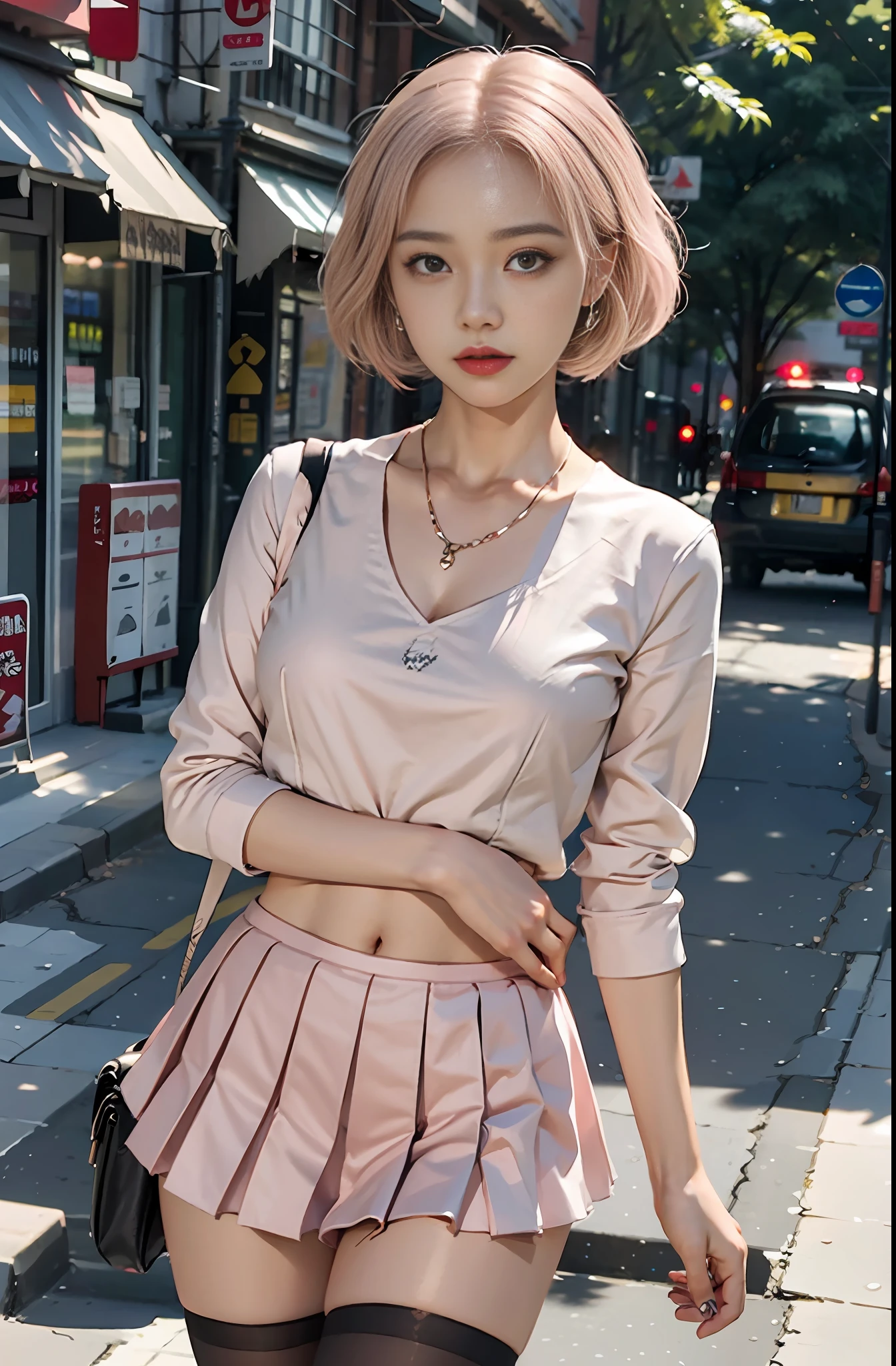 Masterpiece, 1 girl, waist up, faint smile, shiny skin, best quality, masterpiece, (realistic: 1.4), school uniform, pleated skirt, black stockings, background blur, (large aperture: 1.2), pink hair, necklace, earrings, japanese street, night