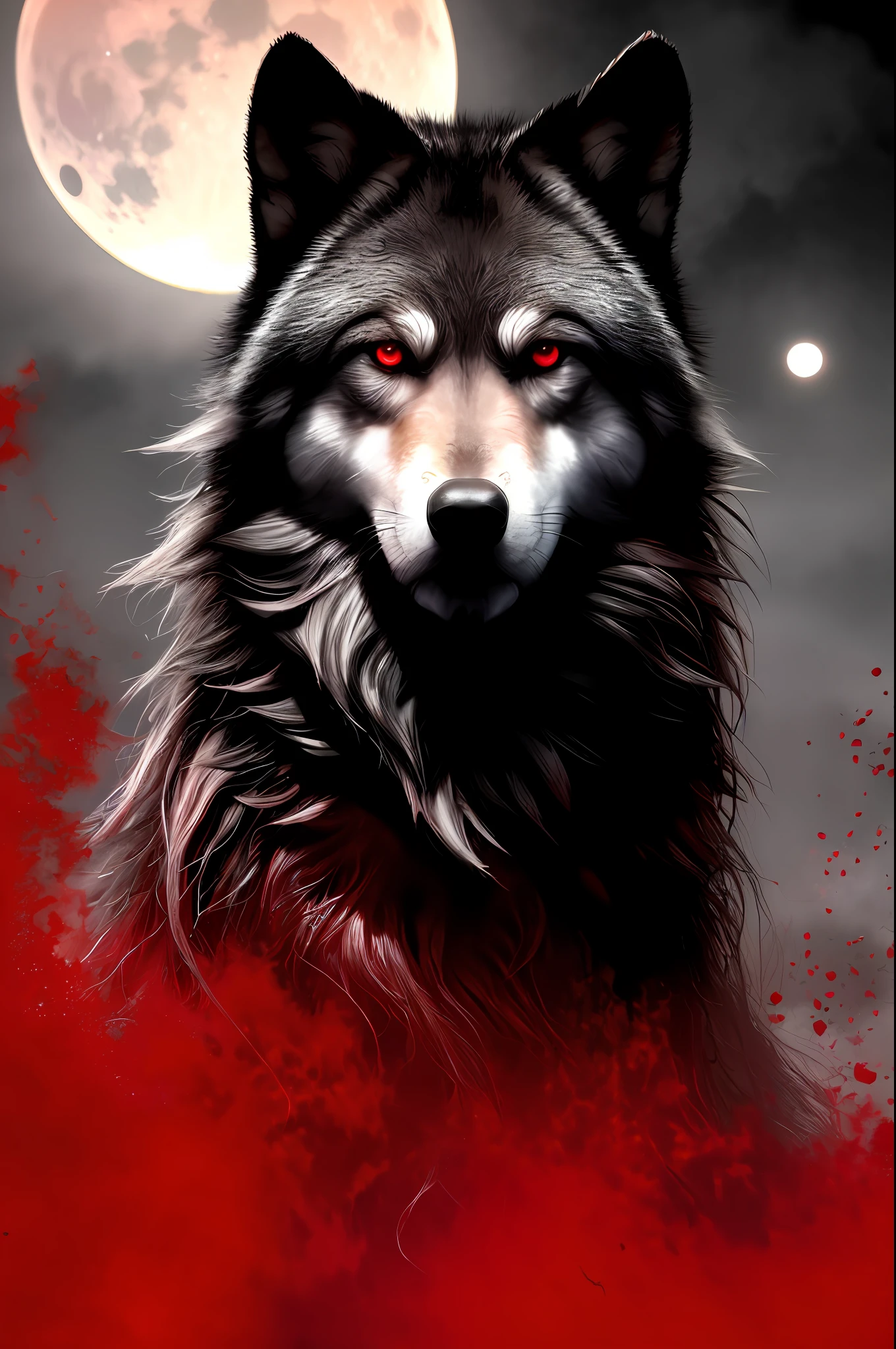 best quality, masterpiece,
a monster, god, holy, fog, big red bleeding eye and blood moon as background,
elden ring,wolf