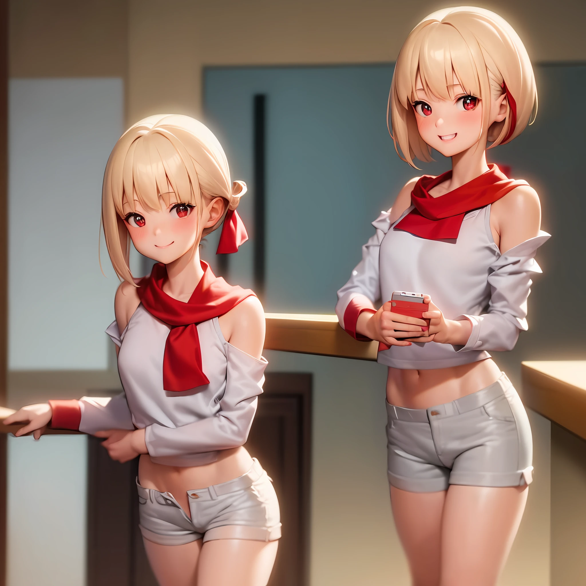 Young, cute, super realistic, 4k, short hair, blonde hair, red pupils, white shirt, red neck scarf, grey shorts, red sleeve folds, holding underwear, cute smile, funny, extremely detailed, ager, red sleeve fold, red sleeve folds, sexy