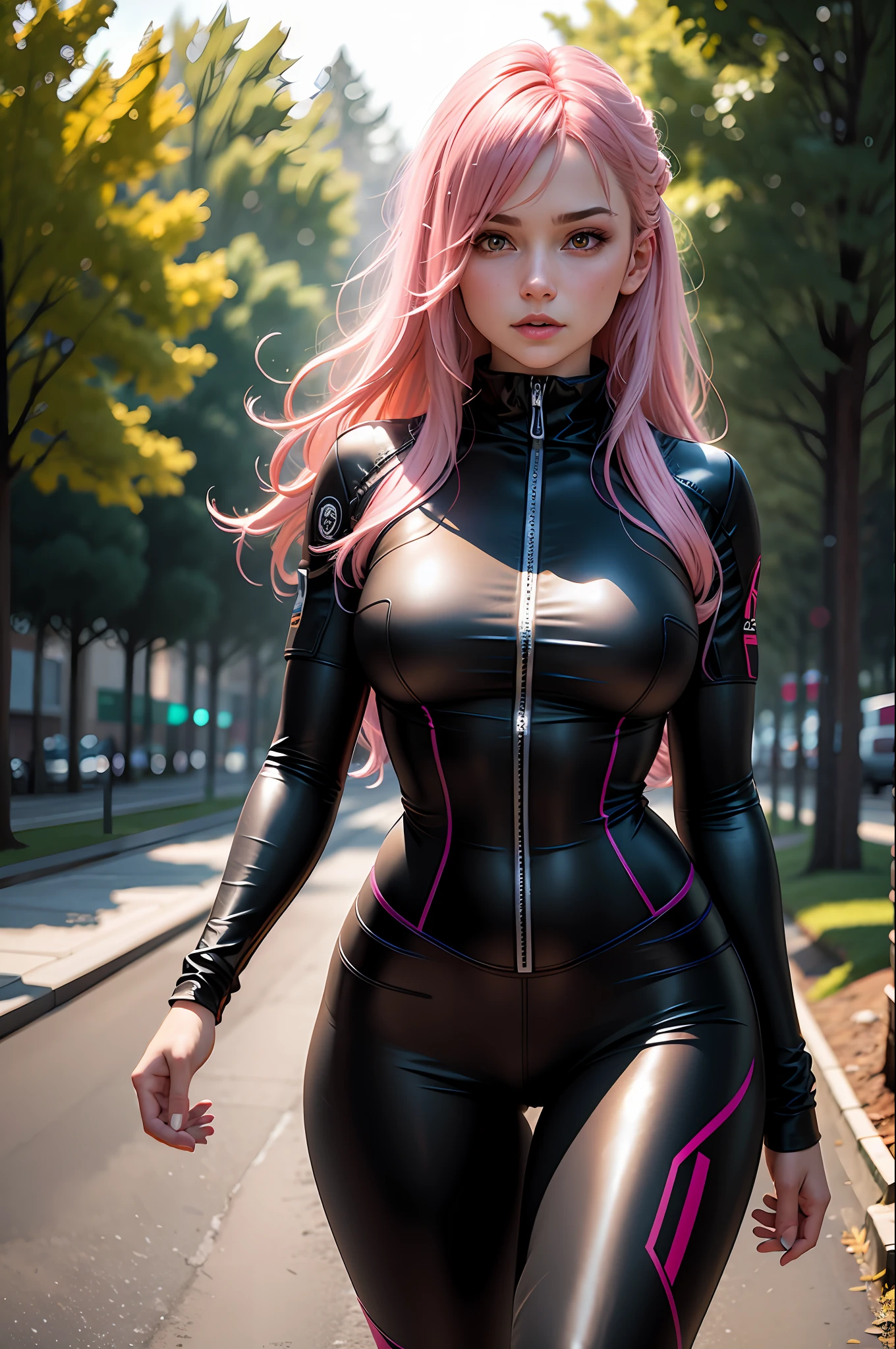 (8k, RAW photo, best quality, masterpiece), ultra high resolution, (realistic, photo-realistic), 1girl, solo, pink hair, gorgeous eyes, professional lighting, detailed lighting, backlight, depth of field, natural lighting, sharp focus, two meter shooting distance, professional photo shoot, detailed eyes, realistic eyes, detailed shadow, CG game, cosplay, tight and wet clothing, outdoor,