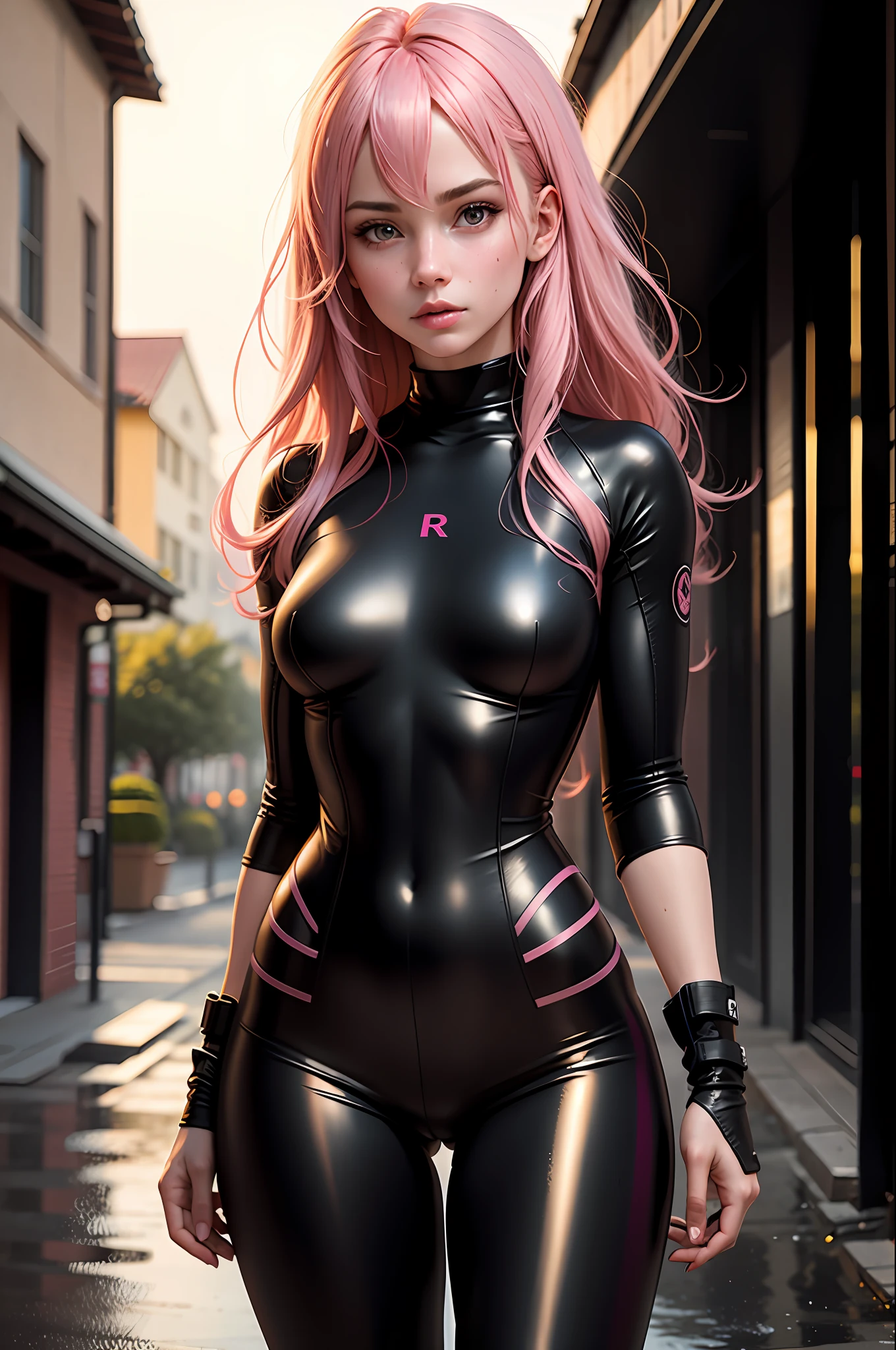 (8k, RAW photo, best quality, masterpiece), ultra high resolution, (realistic, photo-realistic), 1girl, solo, pink hair, gorgeous eyes, professional lighting, detailed lighting, backlight, depth of field, natural lighting, sharp focus, two meter shooting distance, professional photo shoot, detailed eyes, realistic eyes, detailed shadow, CG game, cosplay, tight and wet clothing, outdoor,