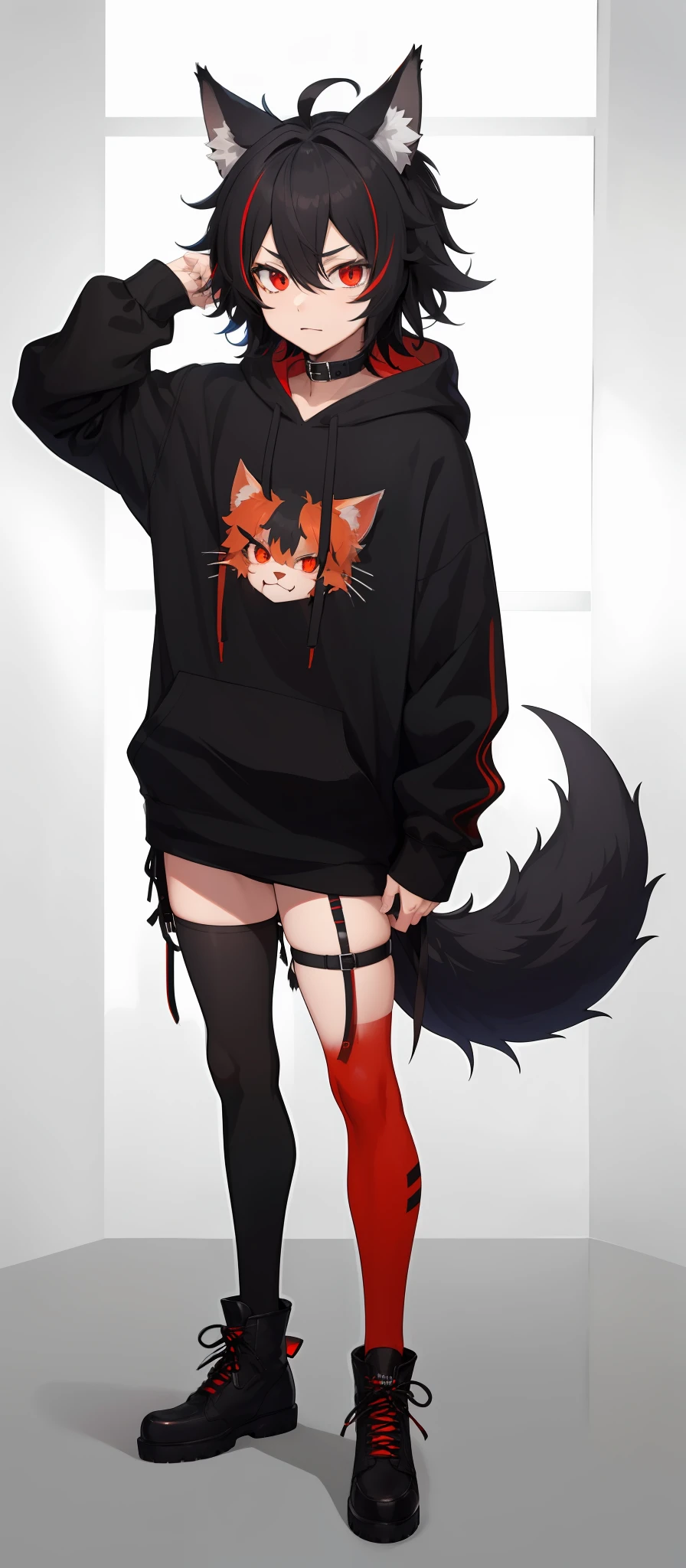 cat-boy, toned, sharp big wolf ears, wolf tail, big black messy hair, extremely vibrant red eyes, HD, masterpiece, vibrant, slim dark black hoodie, full body view, neutral face, black thigh socks, combat boots.