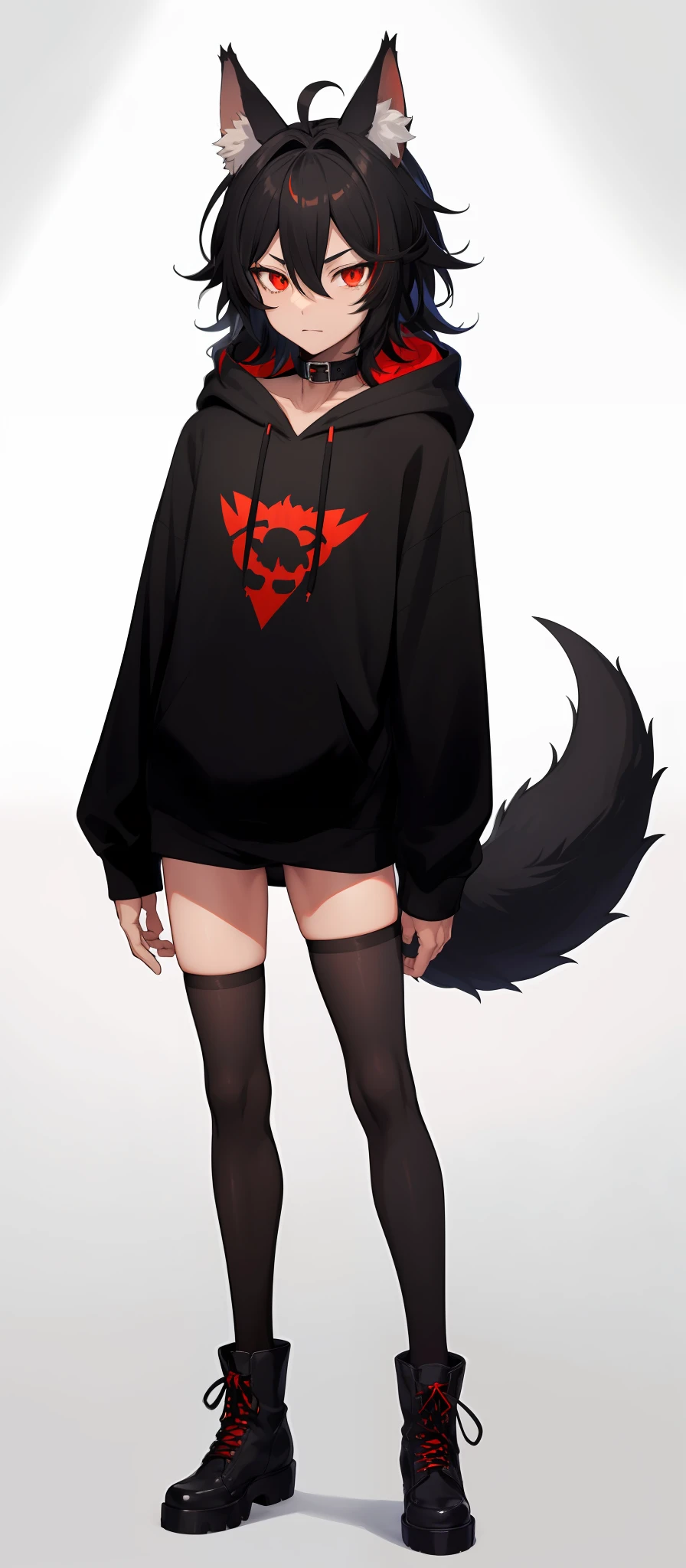 cat-boy, toned, sharp big wolf ears, wolf tail, big black messy hair, extremely vibrant red eyes, HD, masterpiece, vibrant, slim dark black hoodie, full body view, neutral face, black thigh socks,  combat boots.