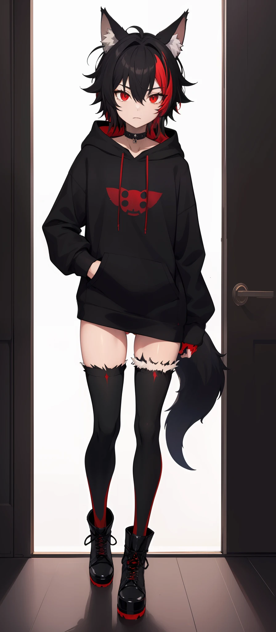 cat-boy, toned, sharp big wolf ears, wolf tail, big black messy hair, (extremely vibrant red eyes), HD, masterpiece, vibrant, slim dark black hoodie, full body view, neutral face, black thigh socks, combat boots.
