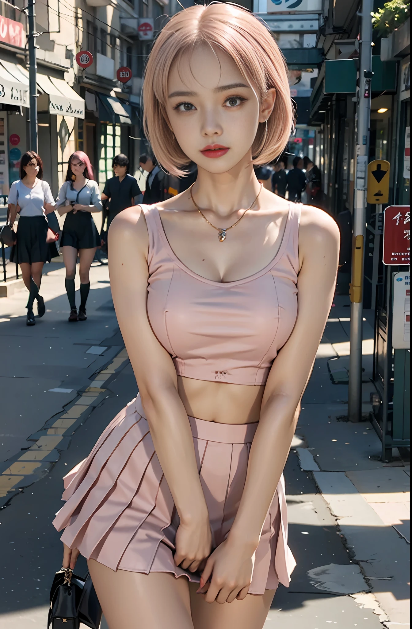 Masterpiece, 1 girl, waist up, faint smile, shiny skin, best quality, masterpiece, (realistic: 1.4), school uniform, pleated skirt, black stockings, background blur, focal length on person, (large aperture: 1.2), pink hair, necklace, earrings, japanese street, night