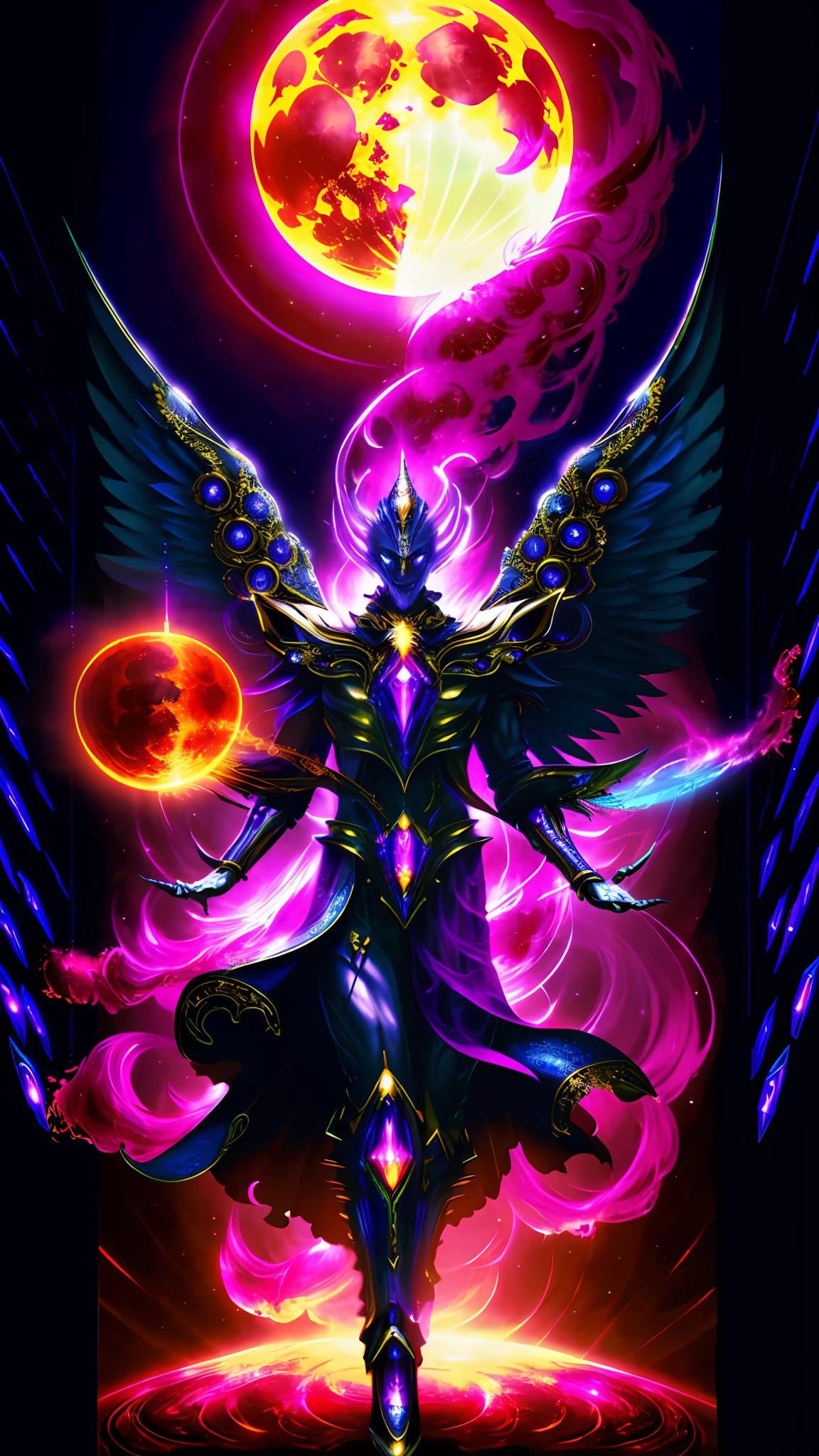 android mechanical lich:Evil Celestial Glow, robot wings,earnst haeckel, james jean. generative art, baroque, intricate patterns, fractalism, movie still, photorealistic, intricate, elegant, highly detailed, artstation, smooth, sharp focus, illustration, outrun, vaporware,full body shot, demonic energy holding different monsters, angle from below, Evil laugh:Exuberant, cinematic lighting, ((blood moon in background lighting scene))