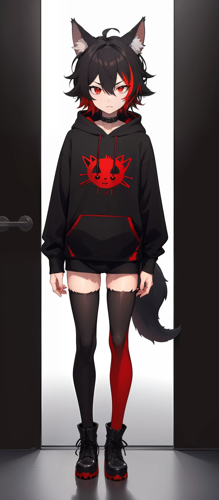 cat-boy, toned, sharp big wolf ears, wolf tail, big black messy hair, (extremely vibrant red eyes), HD, masterpiece, vibrant, slim dark black hoodie, full body view, neutral face, black thigh socks,  combat boots.