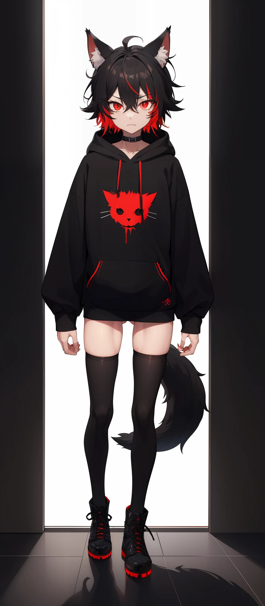 cat-boy, toned, sharp big wolf ears, wolf tail, big black messy hair, (extremely vibrant red eyes), HD, masterpiece, vibrant, slim dark black hoodie, full body view, neutral face, black thigh socks, combat boots.