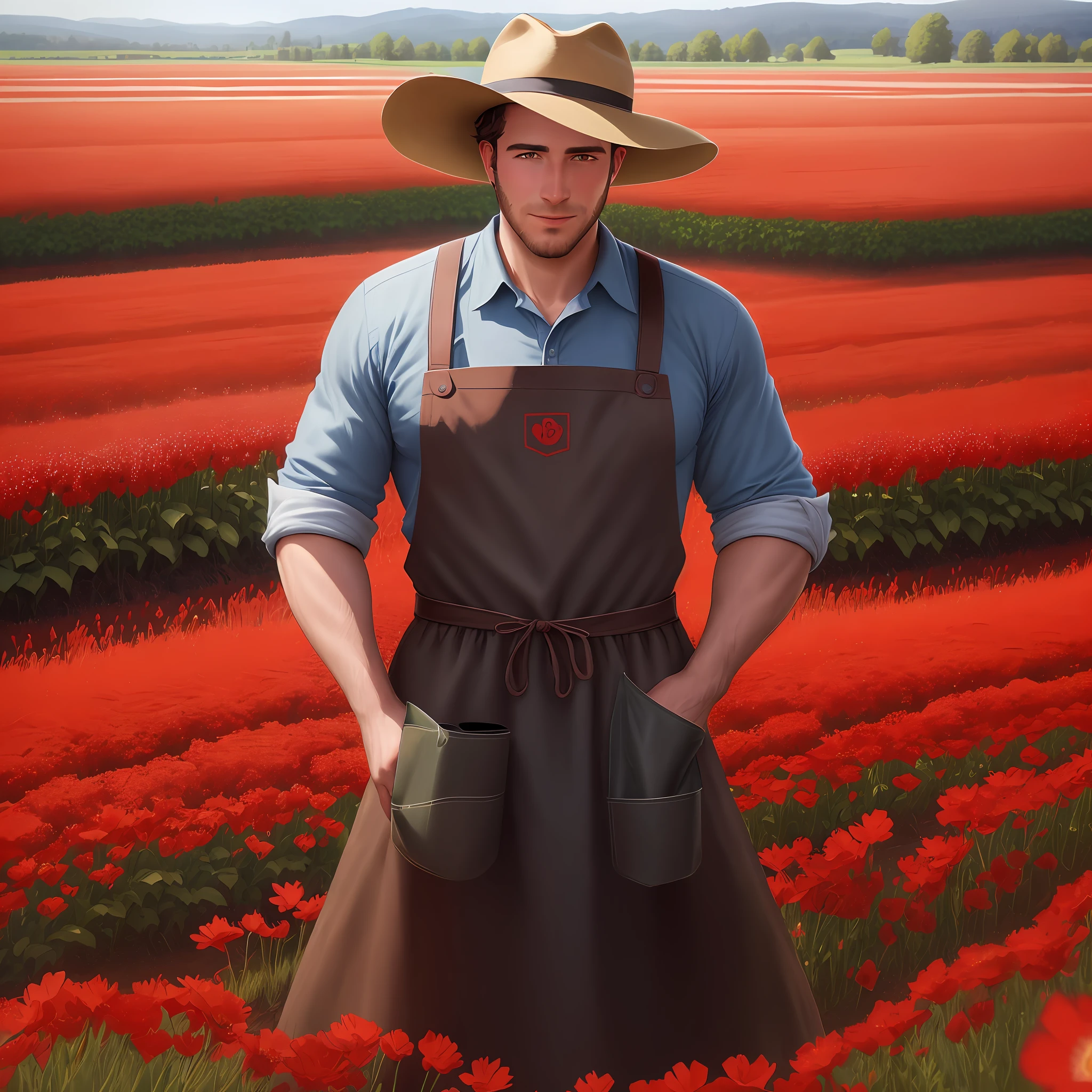 arafed man in a hat and apron standing in a field of red flowers, farmer, by Kurt Roesch, oklahoma, photo render, poster shot, by Harold von Schmidt, belgium, oregon, scenic full shot, gardening, heath clifford, farming, high quality photo, by Tom Palin, high picture quality, by Jakob Gauermann, amazing depth