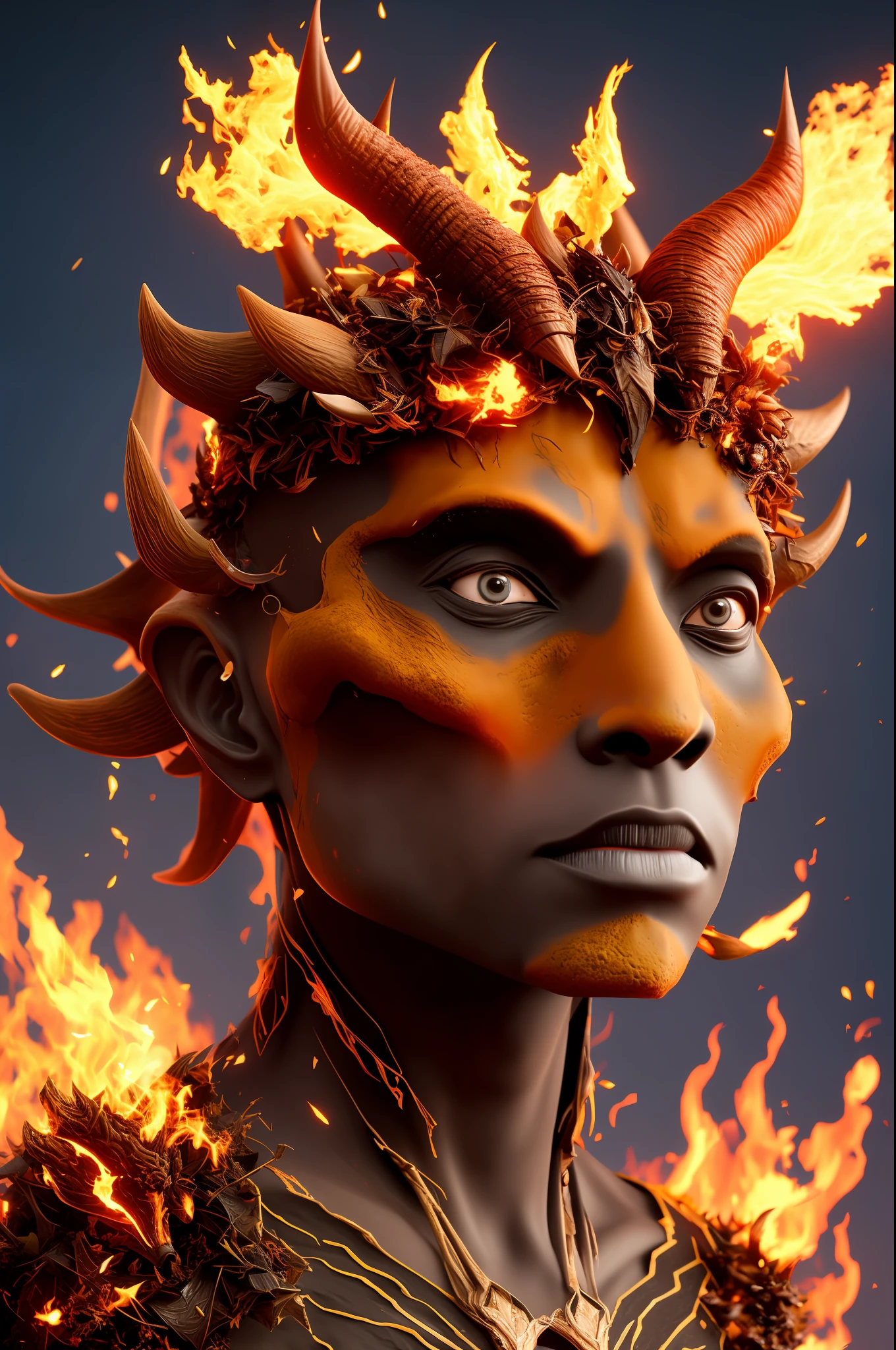 Anthill skin with horns on fire 4k
