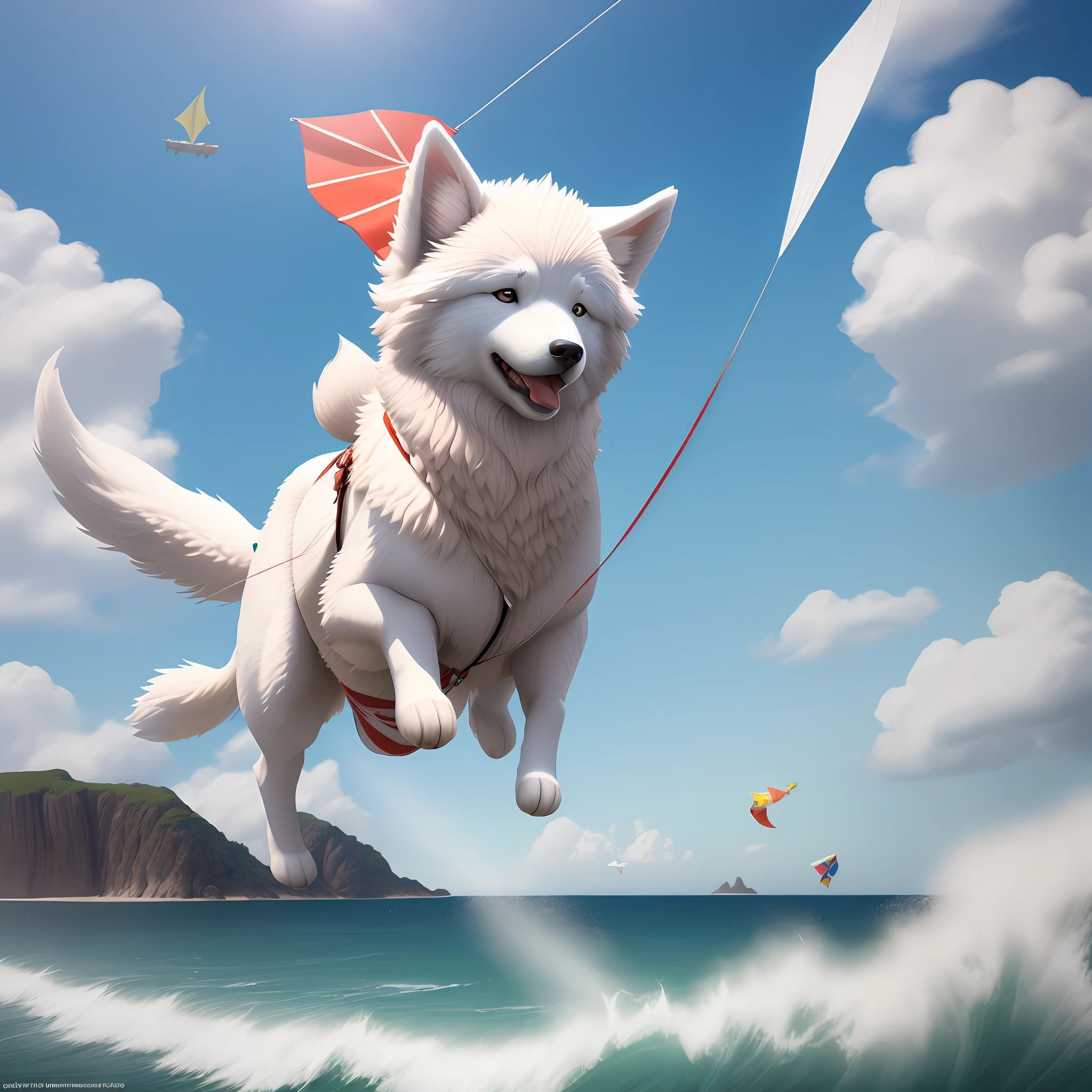 Samoyed flying a kite by the sea, 4K, amazing light and shadow, crazy details, zbrush