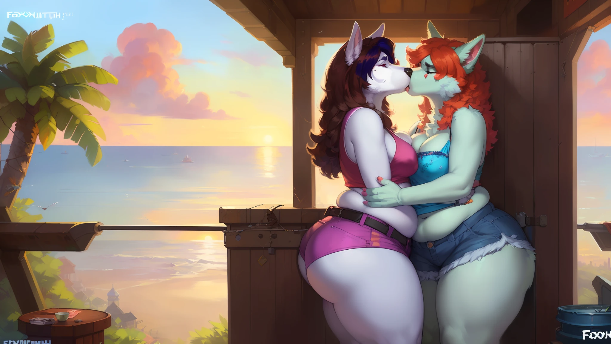 (isometric view), ultra high resolution, 3D Render, game assets, Pino Daeni, (by Foxovh), by dizzyknight, by cumbread, by sligarthetiger, explict content, uploaded on e621, (extremely detailed:1.3), 2 girls, (duo focus:1.2), (kissing:1.3), (breasts frottage:1.5), (furry body), (mature female:1.5), wide hips, (very tall), (a lot of fur), (unknown animal), (big thighs), (big butt:1.3), (unknown species), (slightly chubby:1.3), (random mammal:1.7), (emotional:1.4), (angry:1.4), (big areola:1.3), (?????? slip), sunset clouds, (leaning against object:1.4), ((appropiate clothing)), breast squish, (bottomwear), buttcrack,