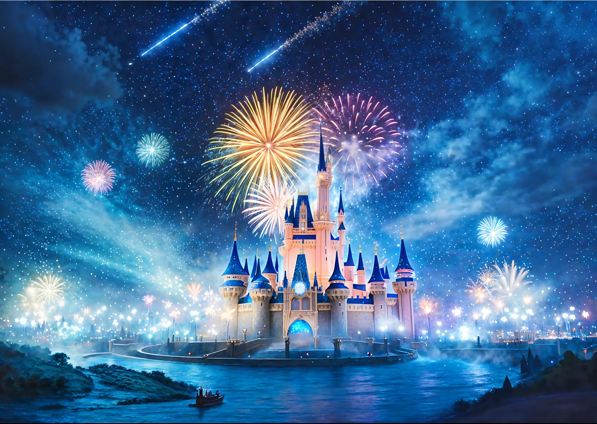 Sky with fireworks in front of the castle, Disney!!, Disney Disney, Disneyland background, Disneyland !!!!, background is Disneyland Castle, Disneyland, Disney rendering, Disney poster, Disney 8K photos, Disney World, Walt Disney World, Disney and Kyoto animation, Disney Splash Art, Disney Art, Dream, Fantastic Fantasy, Flying Cloud Castle