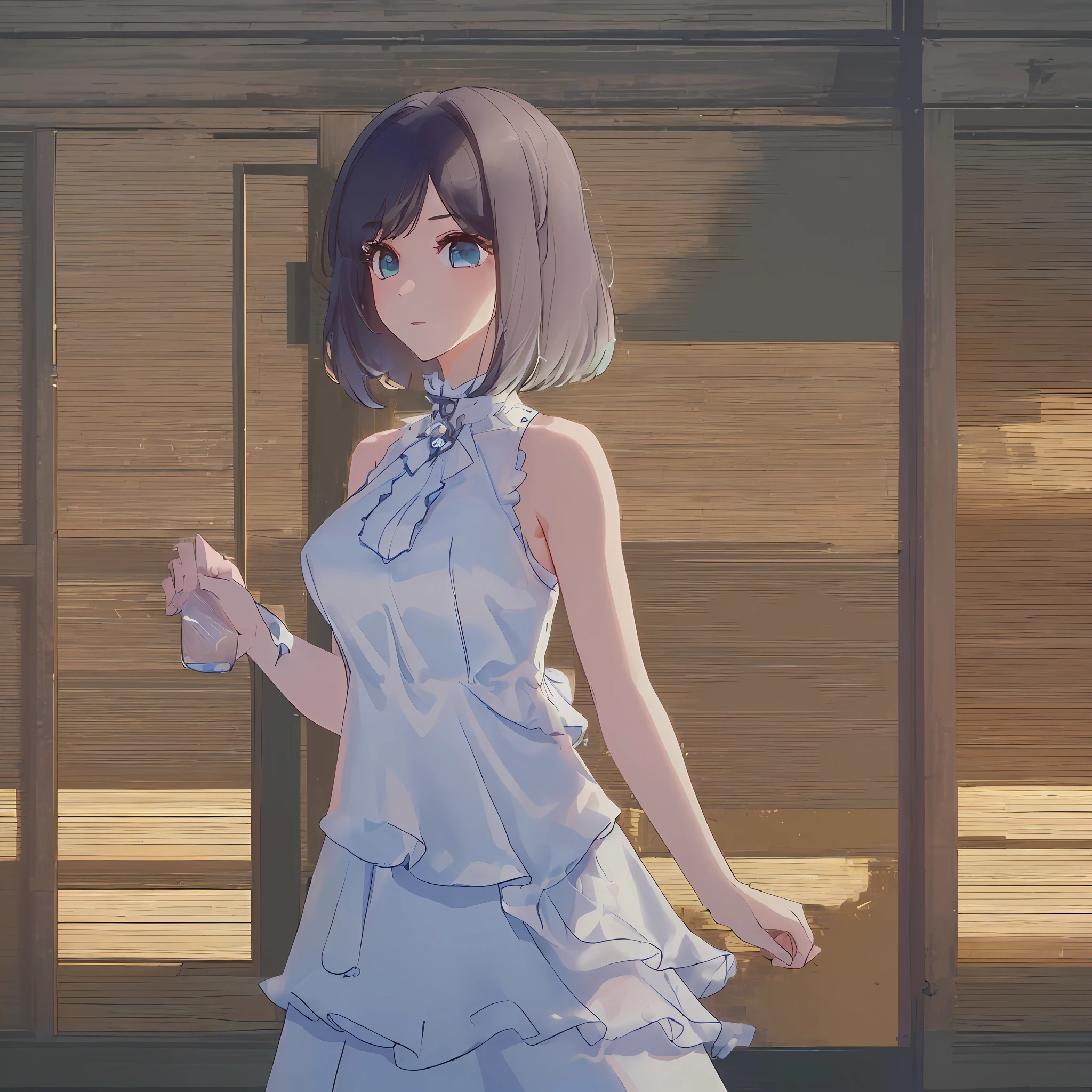 ((Best quality, 8k, Masterpiece :1.3)), Sharp focus :1.2, A pretty woman with perfect figure :1.4, Slender abs :1.2, ((Layered haircut, Big breasts :1.2)), (White sleeveless shirt :1.1), (City street:1.2), Highly detailed face and skin texture, Detailed eyes, Double eyelid
