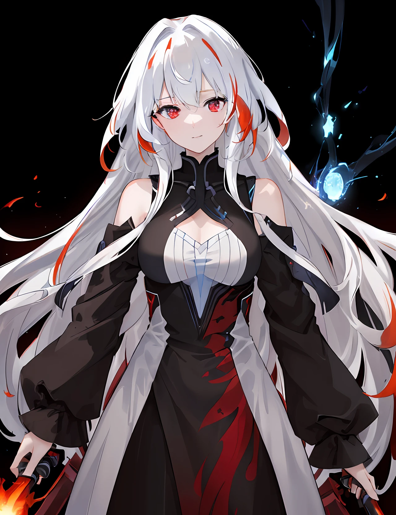 ((Extremely detailed CG unity 8k wallpaper)), masterpiece, exceptional quality, half/half, one side girl with flaming red hair and red eyes, and on the other side girl with white hair and shimmering blue eyes, high contrast surface lighting.