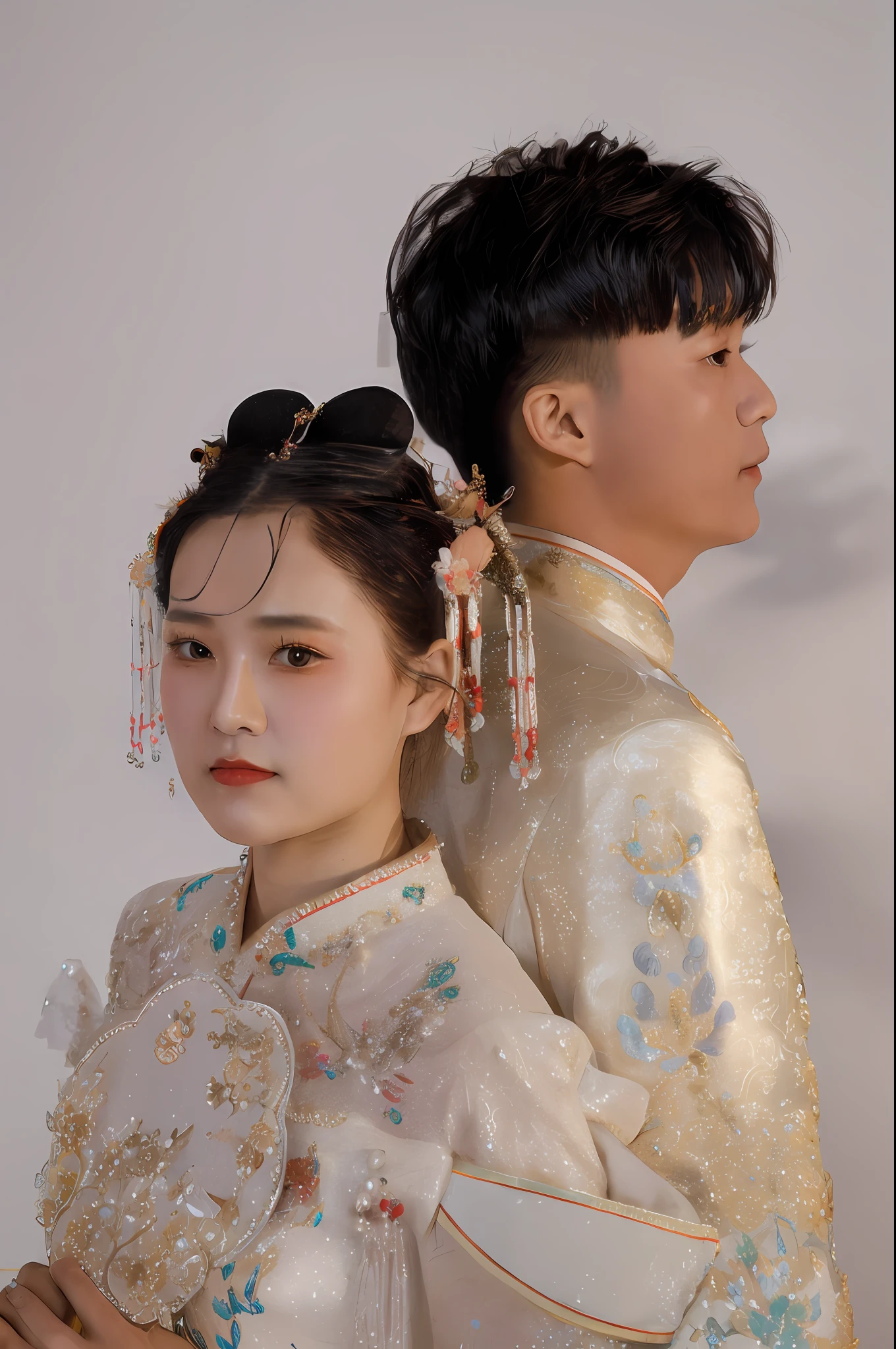 They are dressed in traditional Chinese costumes and posing for photos, traditional Chinese costumes, wearing ancient Chinese costumes, wearing gorgeous silk costumes, ancient buildings, bamboo forests, blue tones