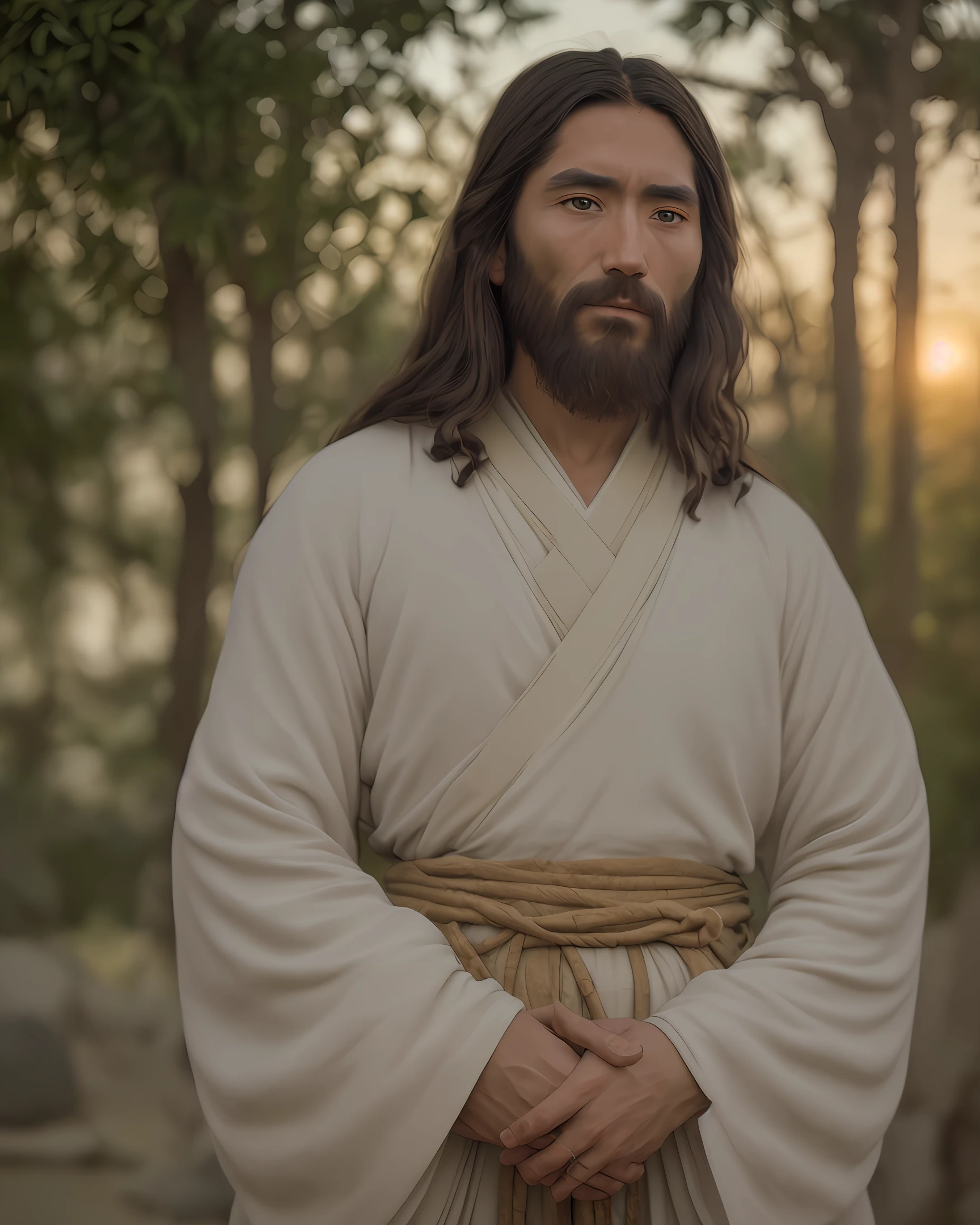 "Portrait of Jesus with Japanese physiognomy, wearing traditional biblical clothes, in a quiet outdoor setting at dawn. Jesus is looking at the camera with a serene and compassionate expression. The image is captured with a Sony DSLR camera, 85mm f/4 lens for a reduced depth of field, allowing clear focus on Jesus' face while the smoothly blurred background keeps attention on the subject. The soft dawn lighting brings a warm glow to the scene, highlighting the textures and details of Jesus' biblical clothing and facial features. Manual white balance setting to faithfully capture the colors of dawn. Ultra detailed, 8k, --v 4"