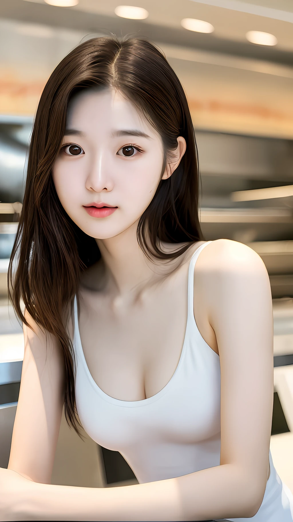 realistic photos of (1 cute Korean star) Shoulder-length hair, thin makeup, medium breasts size, tank top, in cafeteria, clear facial features, 16K high resolution, sharp and realistic details, god rays, chromatic aberration abuse, first-person view, Canon f/16, 135mm