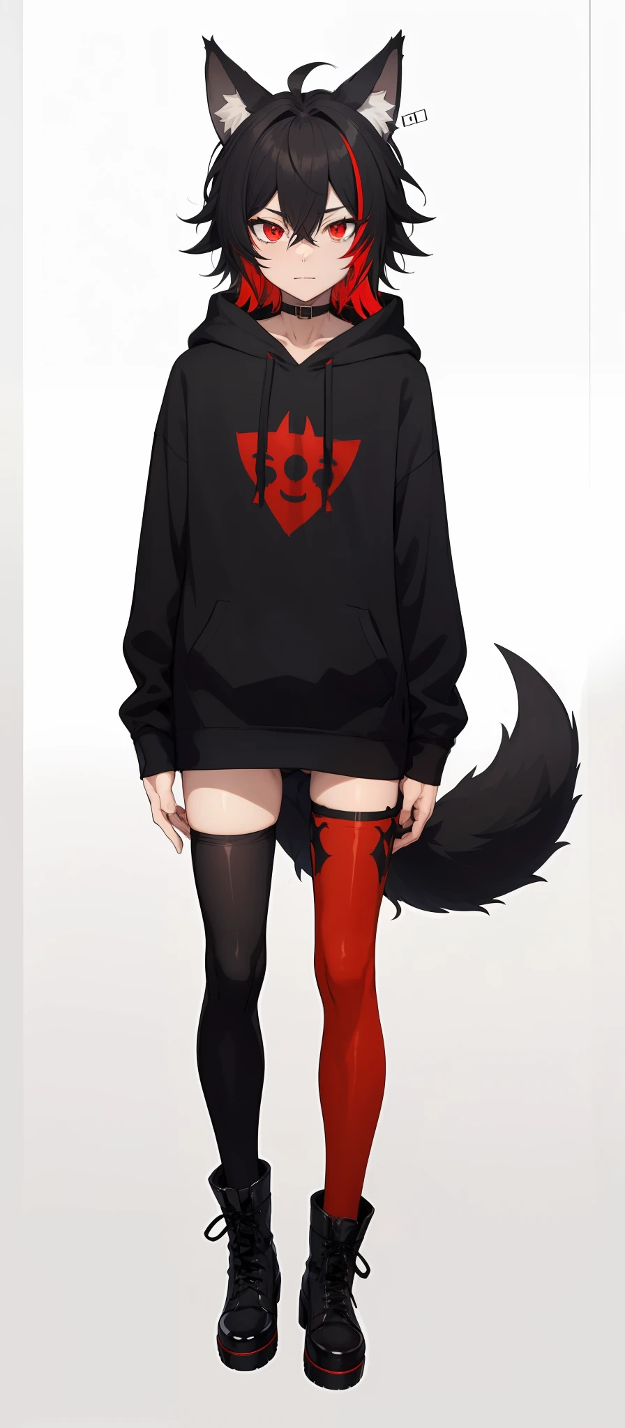 cat-boy, toned, sharp big wolf ears, wolf tail, big black messy hair, extremely vibrant red eyes, HD, masterpiece, vibrant, slim dark black hoodie, full body view, neutral face, black thigh socks, combat boots.