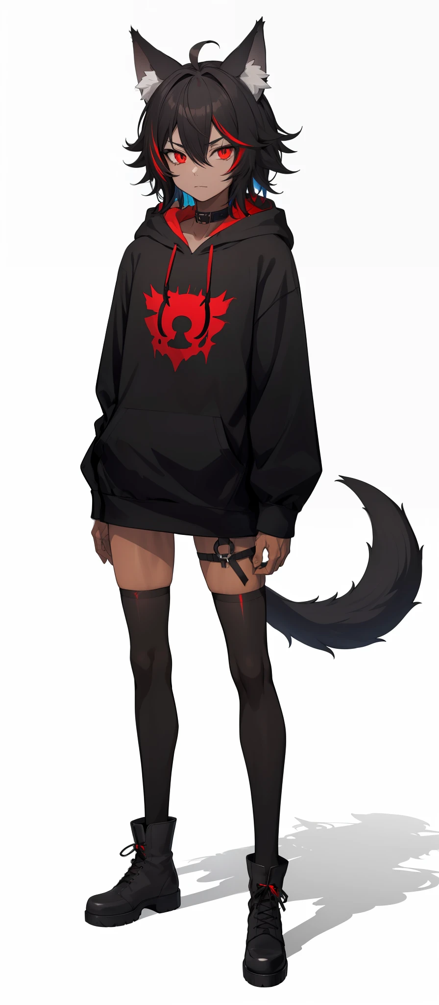 cat-boy, toned, sharp big wolf ears, wolf tail,  messy hair, extremely vibrant red eyes, HD, masterpiece, vibrant, slim dark black hoodie, full body view, neutral face, black thigh socks,  combat boots.