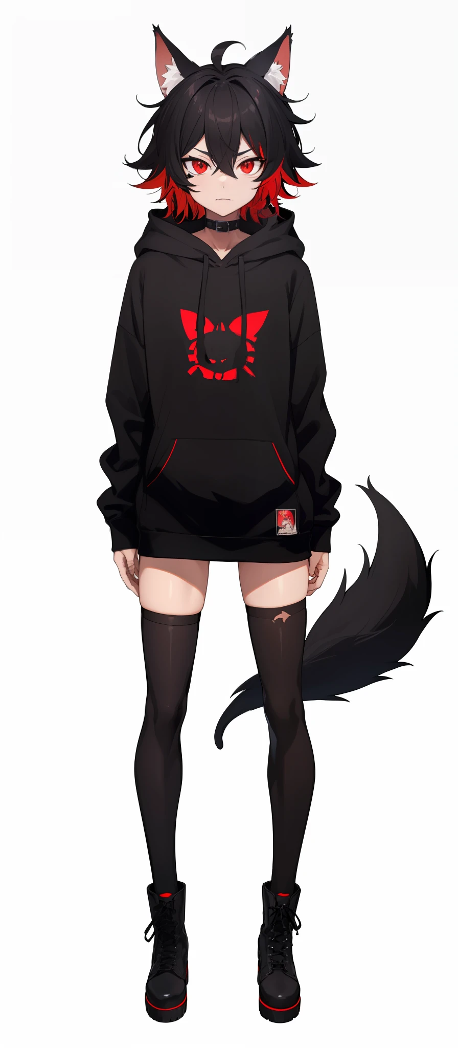 cat-boy, toned, sharp big wolf ears, wolf tail, big black messy hair, extremely vibrant red eyes, HD, masterpiece, vibrant, slim dark black hoodie, full body view, neutral face, black thigh socks, combat boots.