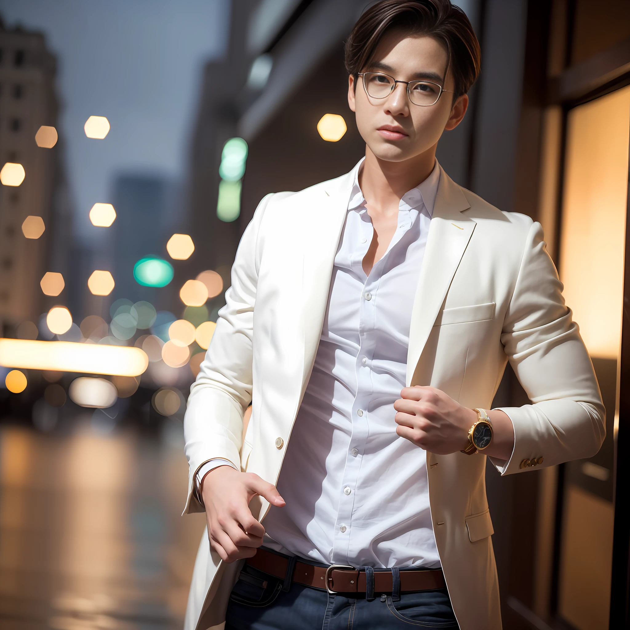 Casual pose, (extremely delicate and beautiful work), (masterpiece), 1boy, overbearing president, gold wire glasses, white shirt, high detail, suit, watch, cold expression, clear eyes, simple bokeh background, extreme detail depiction, handsome and compelling, super fine painting, delicate face, fine mix4, (8k, RAW photo, best quality, masterpiece: 1.2), (realistic, realistic: 1.37), 1boy, handsome, cityscape, (((night))), rain, wet, professional lighting, photon mapping, radiosity, physically-based rendering,