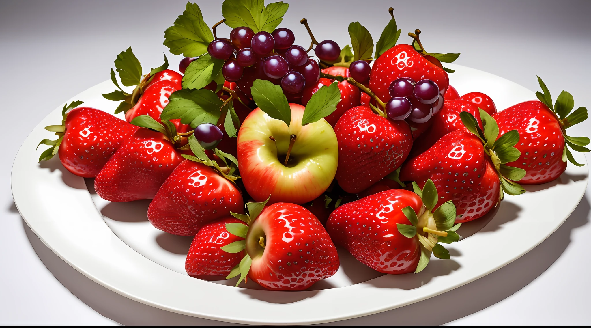 A white platter with fruits inside, this platter is very beautiful and inside it has two apples of a very beautiful red, a bunch of purple grapes and a beautiful bunch of green Italian grapes, and three very beautiful strawberries, slightly blurred cinematic background, soft cinematic light, with a very beautiful light and shadow effect, 4k, UHD.