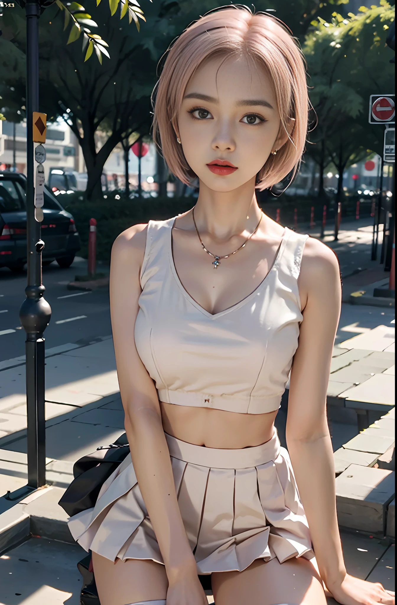 Large aperture f1.2, blurred, blurred background, masterpiece, 1 girl, waist up, faint smile, shiny skin, best quality, masterpiece, (realistic: 1.4), school uniform, pleated skirt, black stockings, background blur, focus on person, (large aperture: 1.2), pink hair, necklace, earrings, japanese street, night