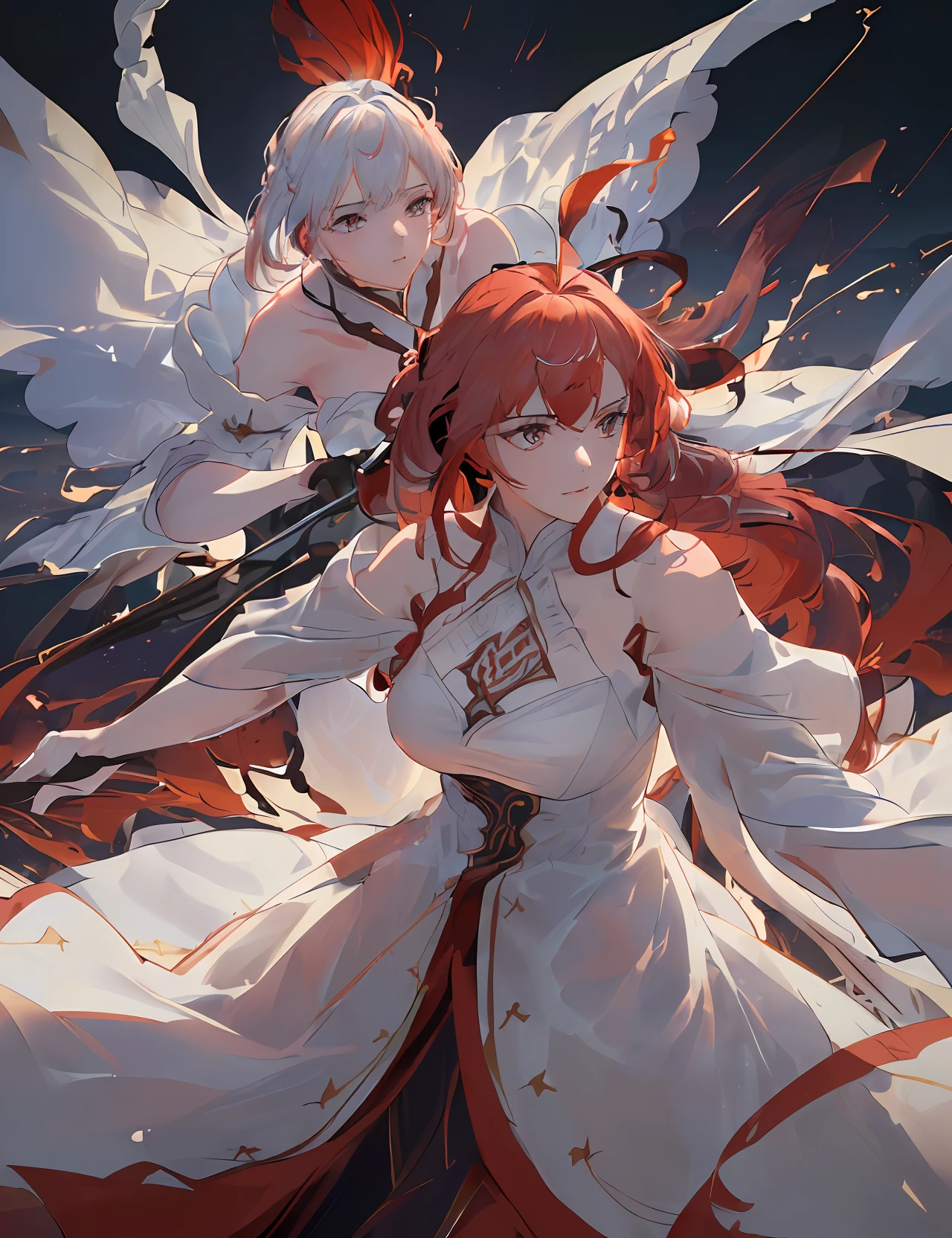 ((extremely detailed),(CG unity 8k wallpaper),(best illumination),(best shadow),(delicate and beautiful),(1girl),(dynamic angle),(dynamic pose),[(red hair:1.4)|(white hair:1.3)|(blue eyes:1.2)],(gaze towards each other),(battle look),(dynamic movement),(beautiful backdrop),(cinematic quality)),((((Stable Diffusion)))))