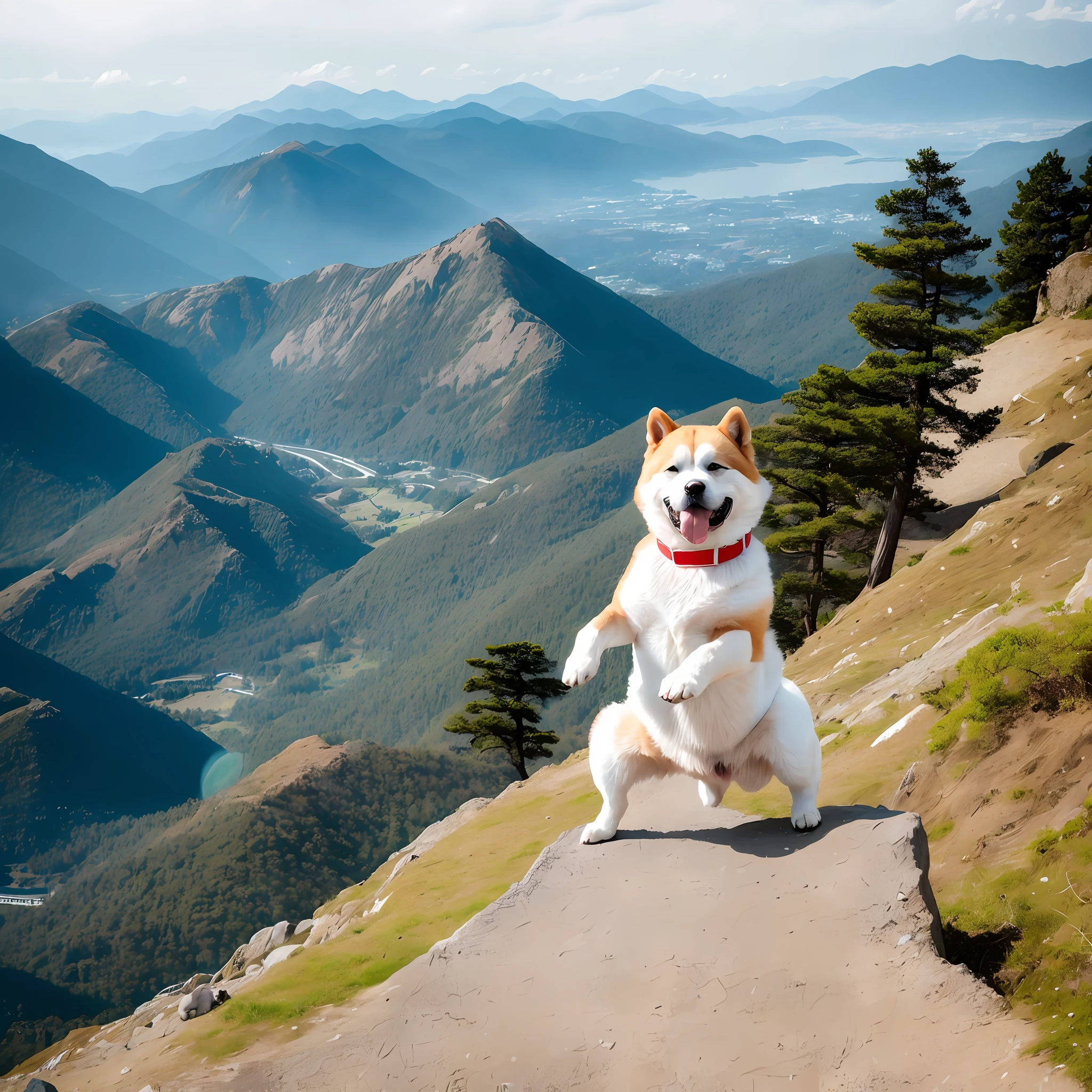 RAW photo, anthropomorphic Akita dog playing tai chi in clothes, on top of a mountain, dynamic pose, 8k ultra hd, DSLR, soft light, high quality, film grain, Fujifilm XT3, sfw